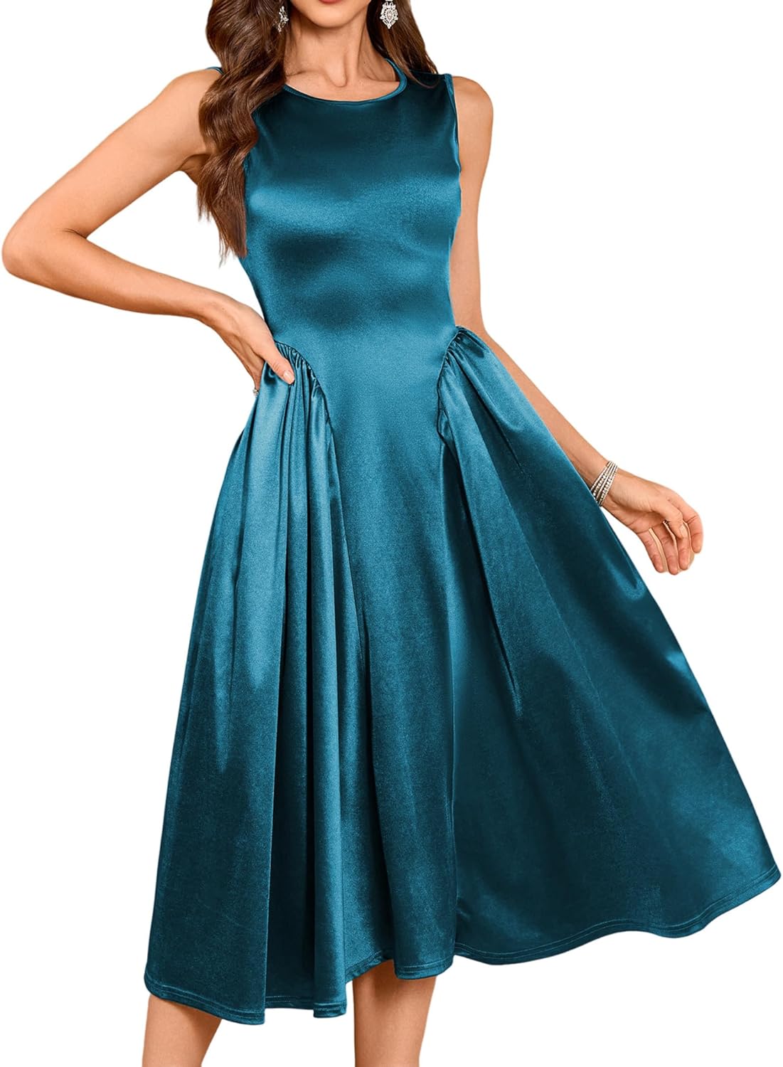 ZAFUL Womens Formal Wedding Guest Dress Elegant Satin A Line Cocktail Club Party Dress Trendy Sleeveless Graduation Prom Midi Dress(Lake Blue,S)