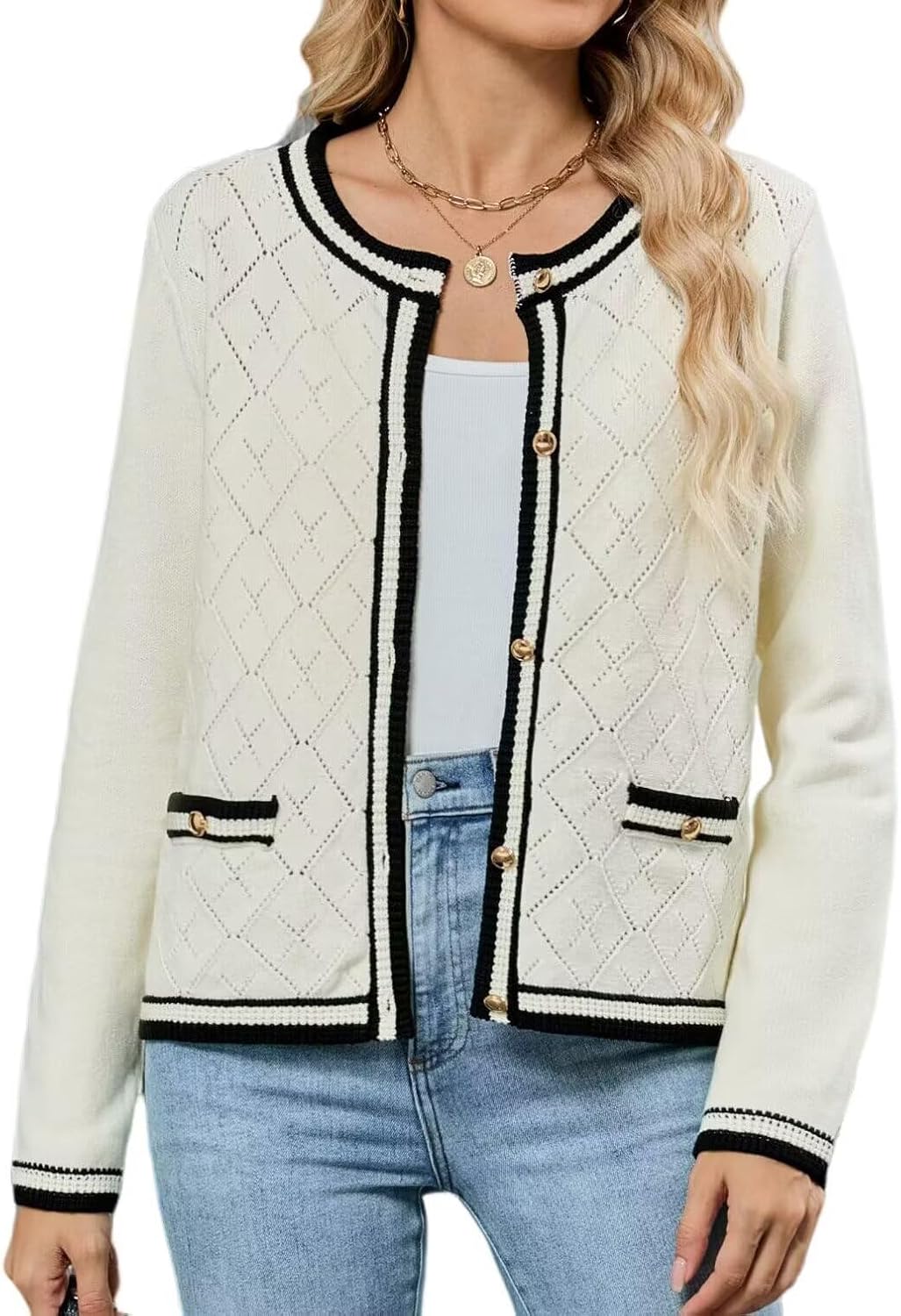 ZAFUL Women's Knit Cardigan Sweaters Fall Open Front Long Sleeve Crochet Knited Button Lightweight Cardigans Outerwear Coats