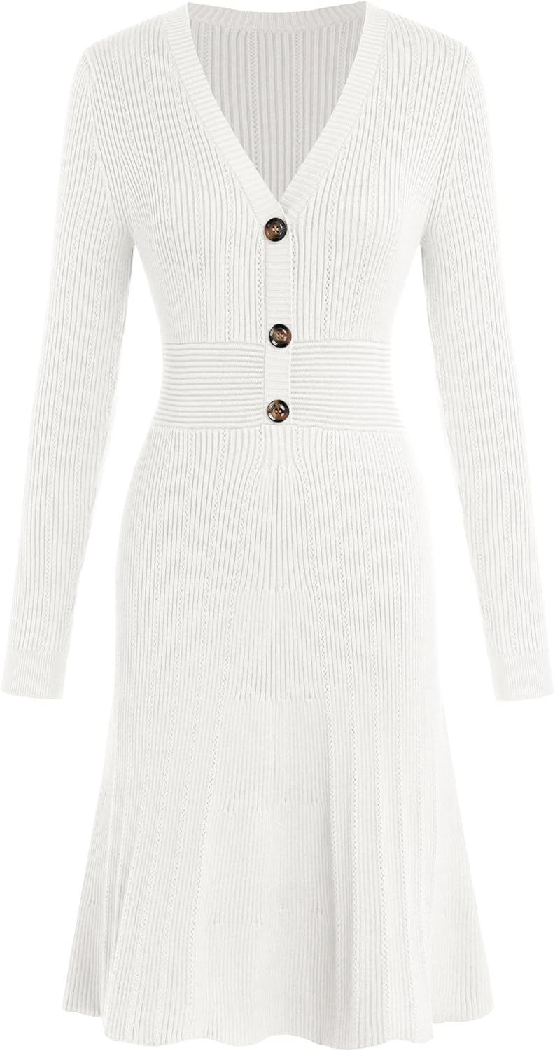 ZAFUL Women's Long Sleeve Midi Work Dresses Fall V Neck Ribbed Knit Pleated A-Line Fitted Elegant Sweater Dress 2025