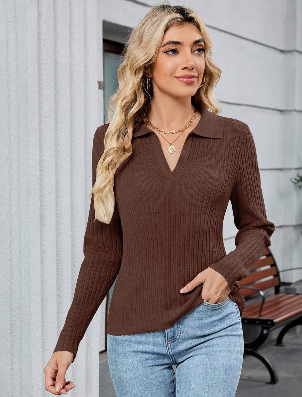 ZAFUL Womens Long Sleeve V Neck Sweaters Collared Ribbed Knit Tops Pullover Polo Sweater Shirts 2025 Fall Trendy Outfits