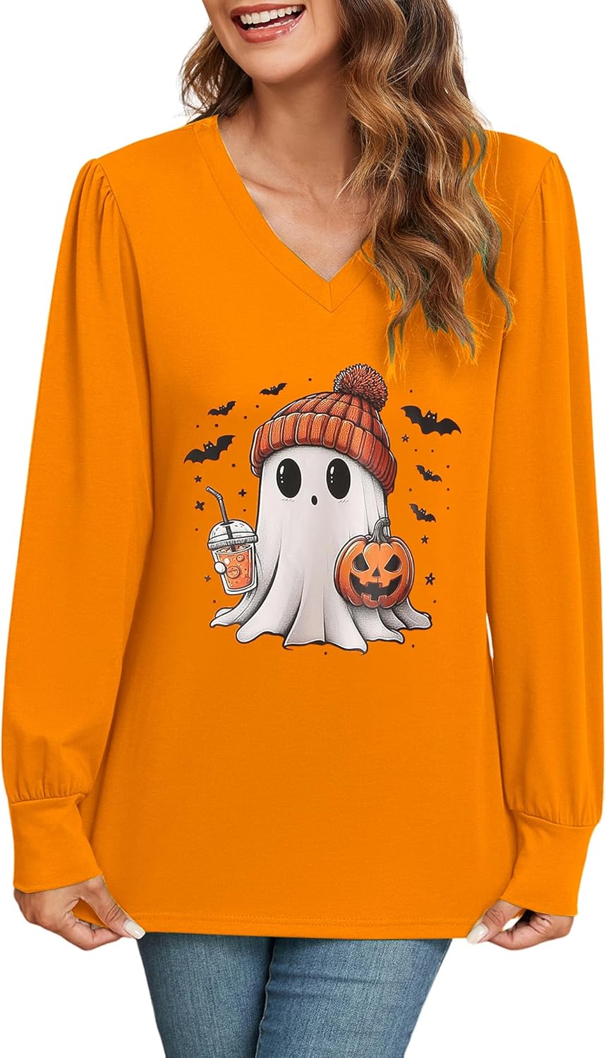 ZAFUL Women's Long Sleeve V-Neck Tunic Tops Halloween Cute Graphic Loose Casual Basic Blouse