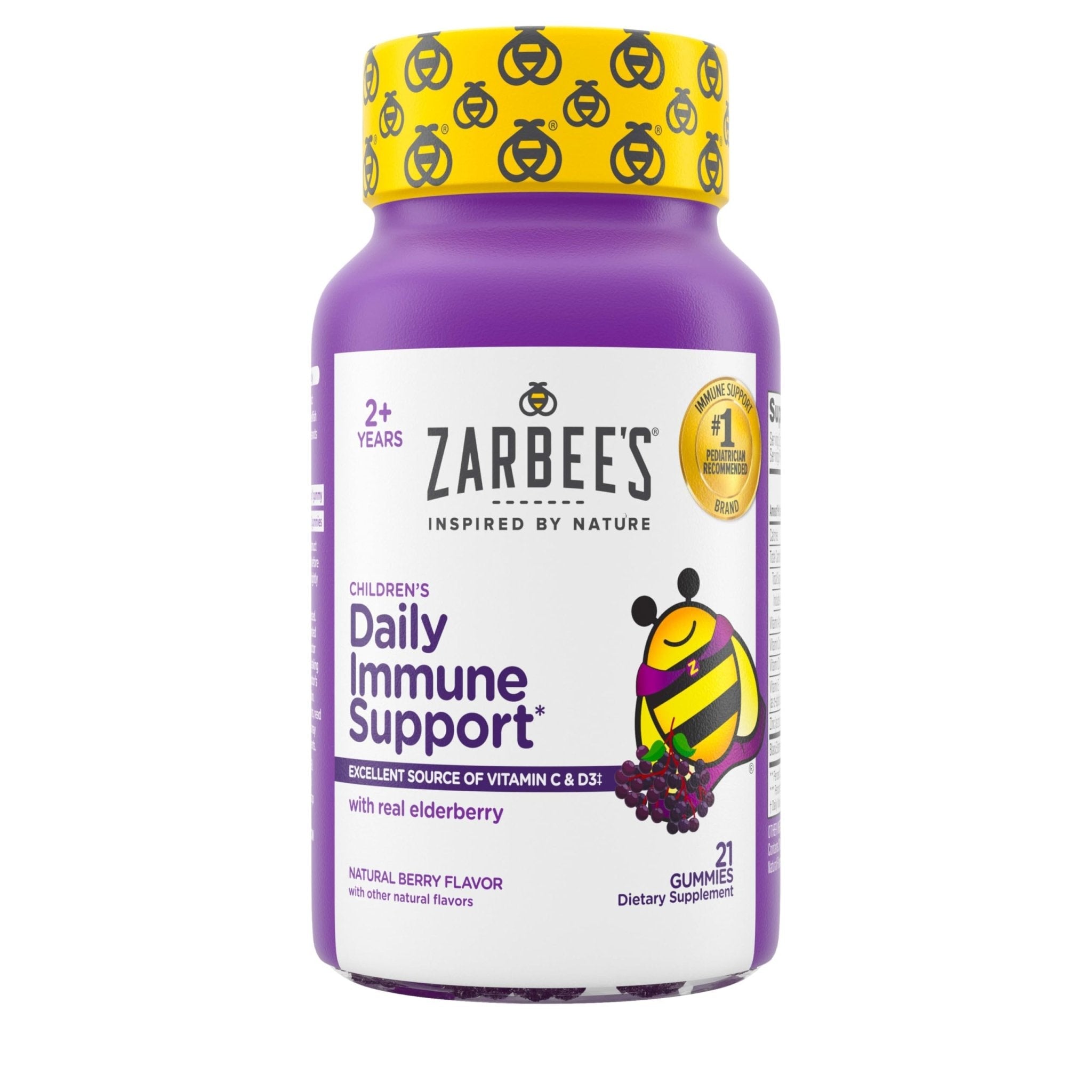 Zarbee’s Kids Elderberry Immune Support* Gummies, Daily Vitamins A C D3 E & Zinc, Real Elderberry Extract, Gelatin & Gluten Free, No Artificial Flavors, Natural Berry Flavor, Ages 2+, 42 Ct Bottle