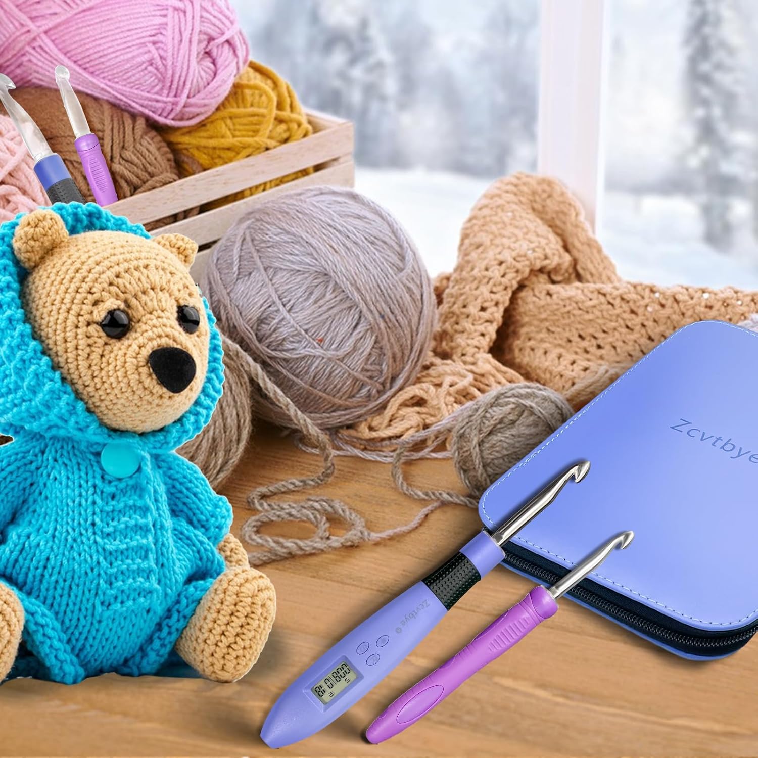 Zcvtbye 22 Size Lighted Crochet Hook Set, Counting Crochet Hook Set Digital for Stitch and Row Counter, Light up Crochet Hook Set with Case, Ergonomic Crochet Hooks with 2 Levels Led (Blue, 22 Size)