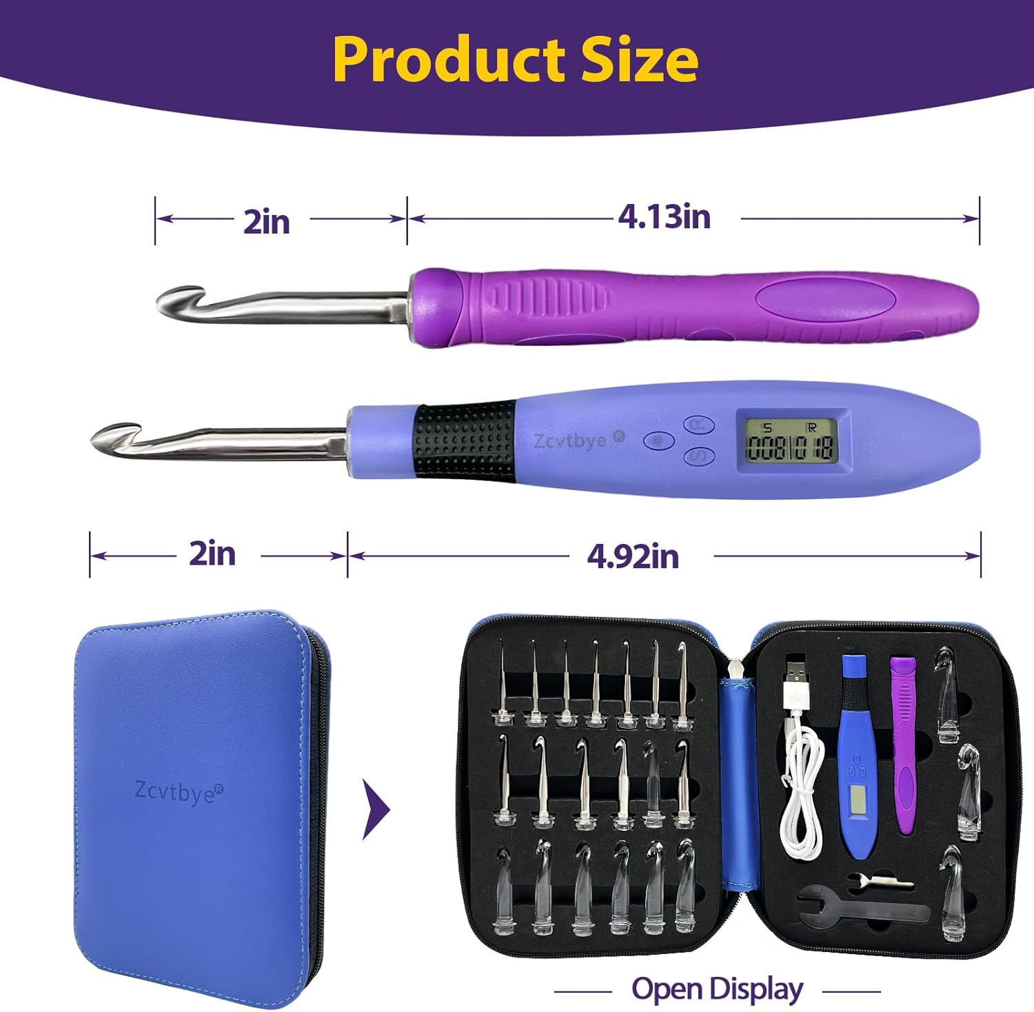 Zcvtbye 22 Size Lighted Crochet Hook Set, Counting Crochet Hook Set Digital for Stitch and Row Counter, Light up Crochet Hook Set with Case, Ergonomic Crochet Hooks with 2 Levels Led (Blue, 22 Size)