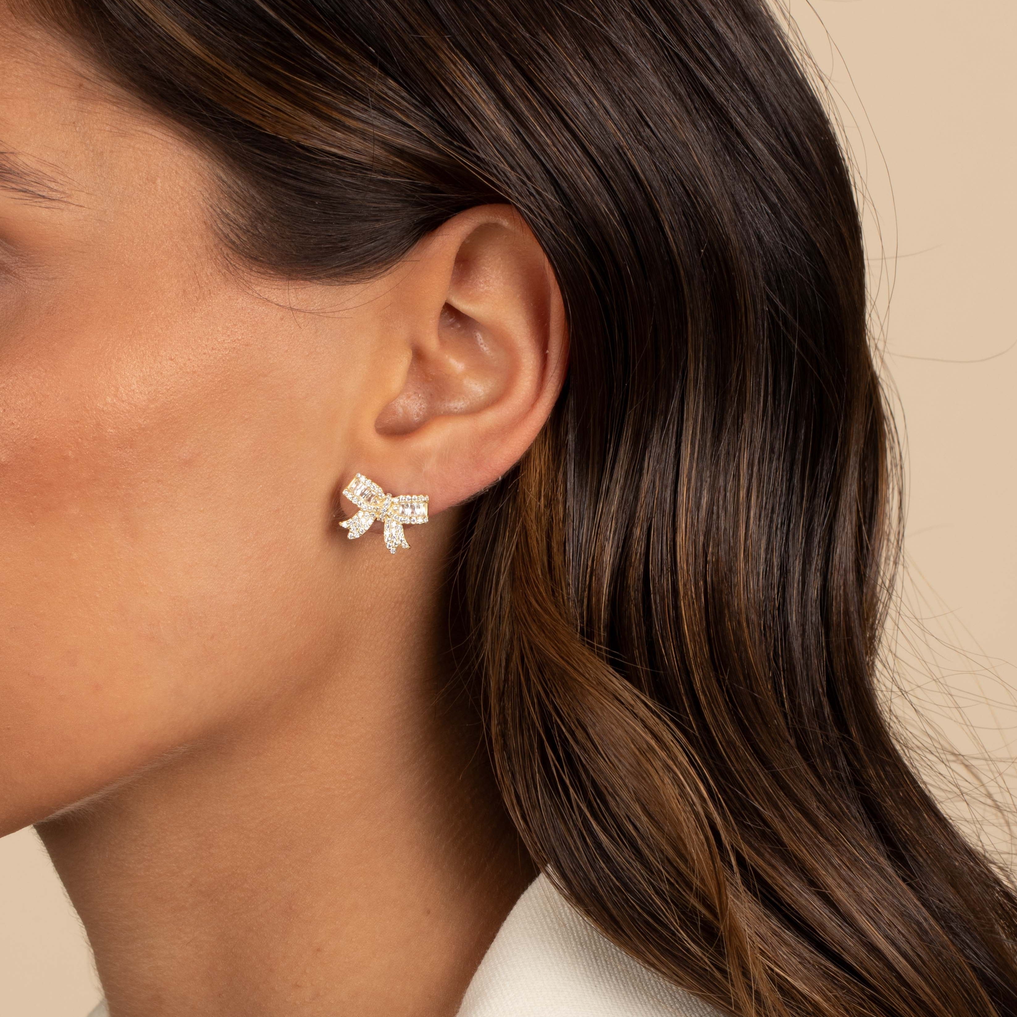  Pave X Baguette Mini Bow Tie Stud Earring - Adina's Jewels