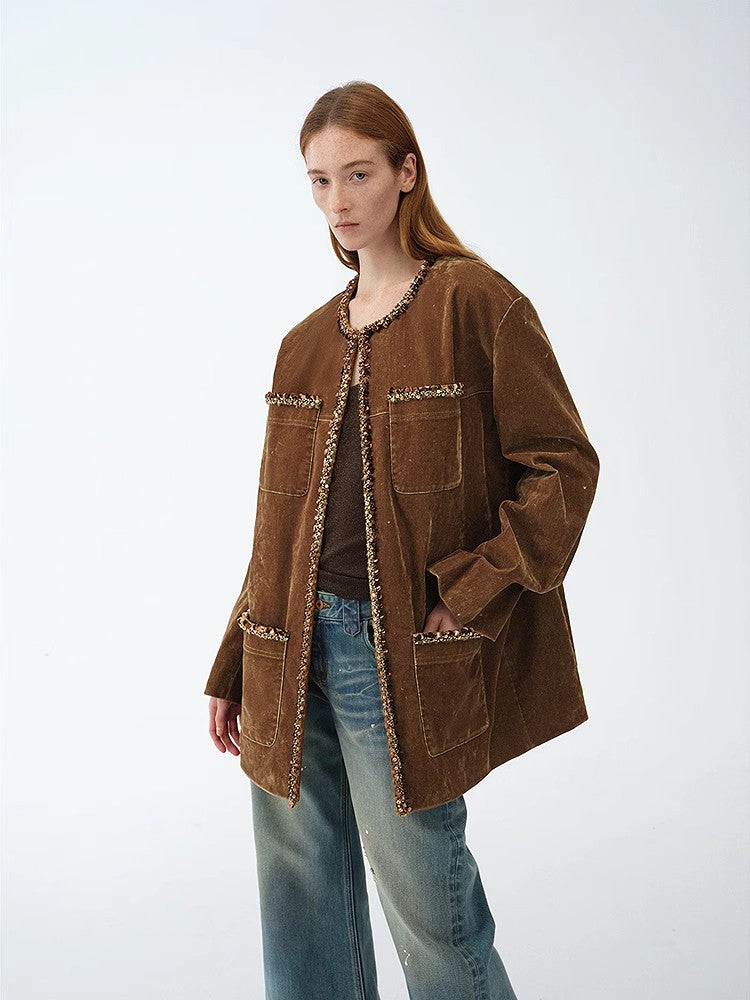 "Fragrant Encounter" Retro distressed flocked denim suit jacket for women-0