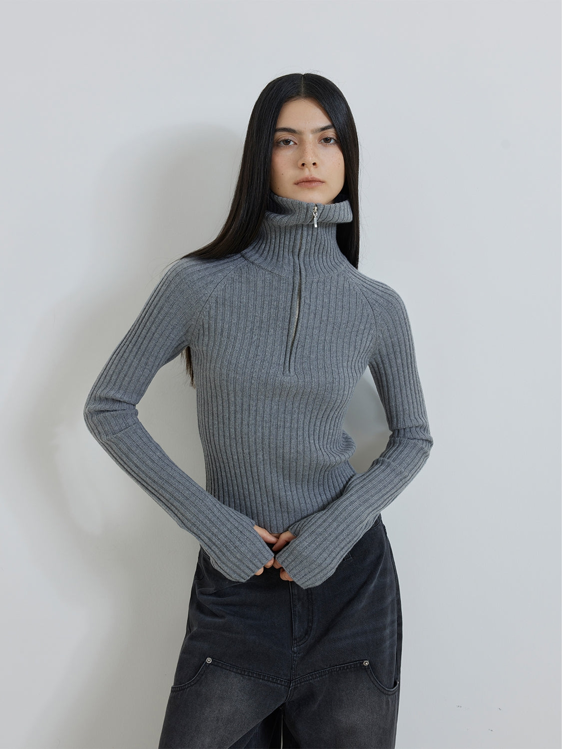 ireladyfur Women's Merino Wool Ribbed Zip-Up Sweater"Fallen Leaf Street"-4
