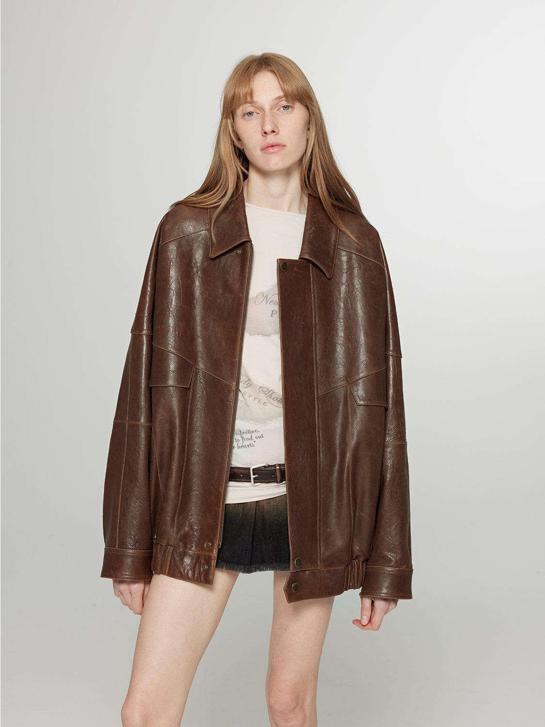 Vintage distressed waxed sheepskin silhouette lapel leather jacket “Rebel”-0
