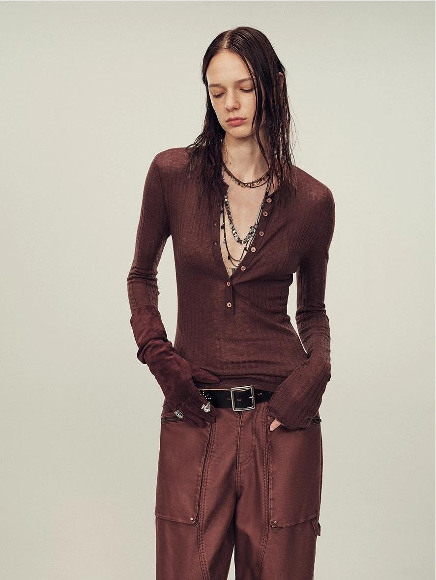 Ultrafine water-soluble wool blended versatile V-neck cardigan long-sleeved knitted top "Warm Brown Quiet Autumn"-0