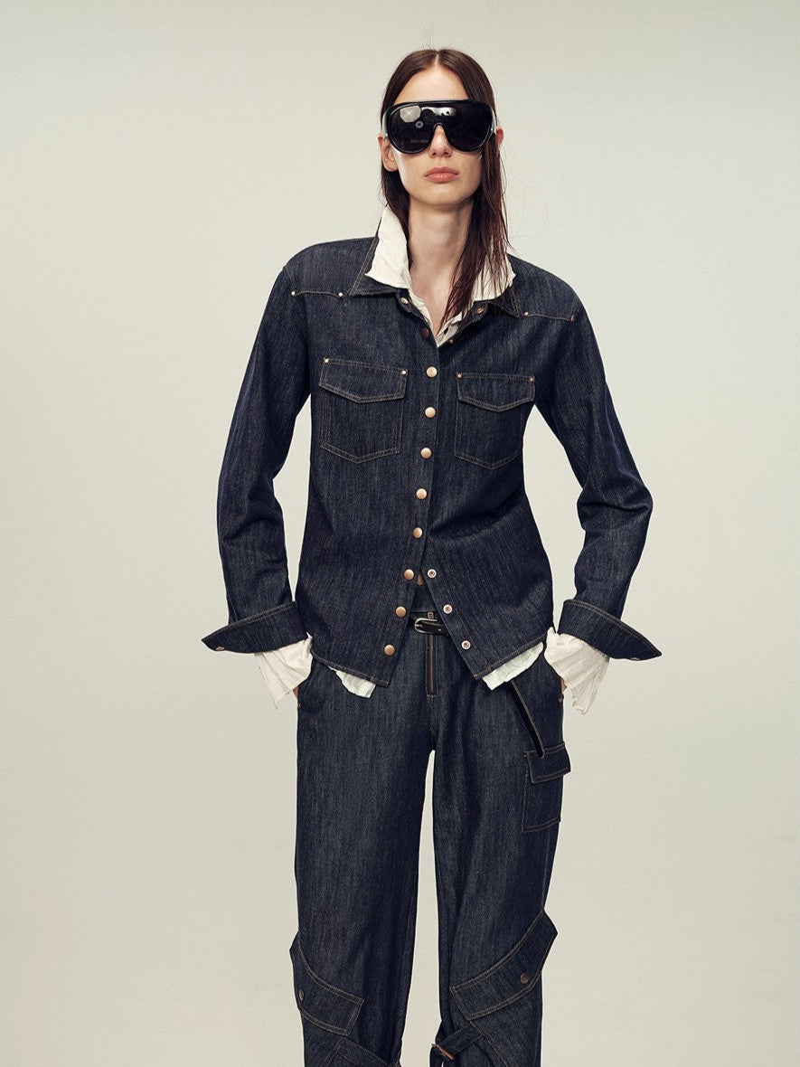 Vintage raw cotton and linen custom red copper rivet lapel pleated waist slim shirt "Daydream Blue"-0