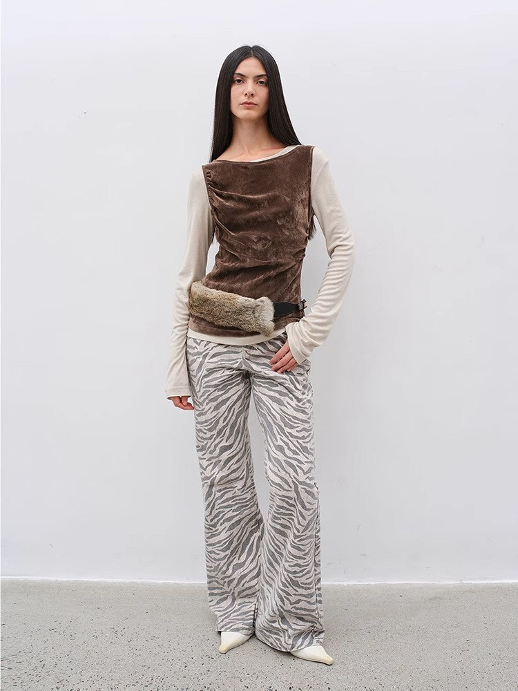 "Wilful Zebra" custom zebra print yeast stone washed low waist flared jeans for women-0