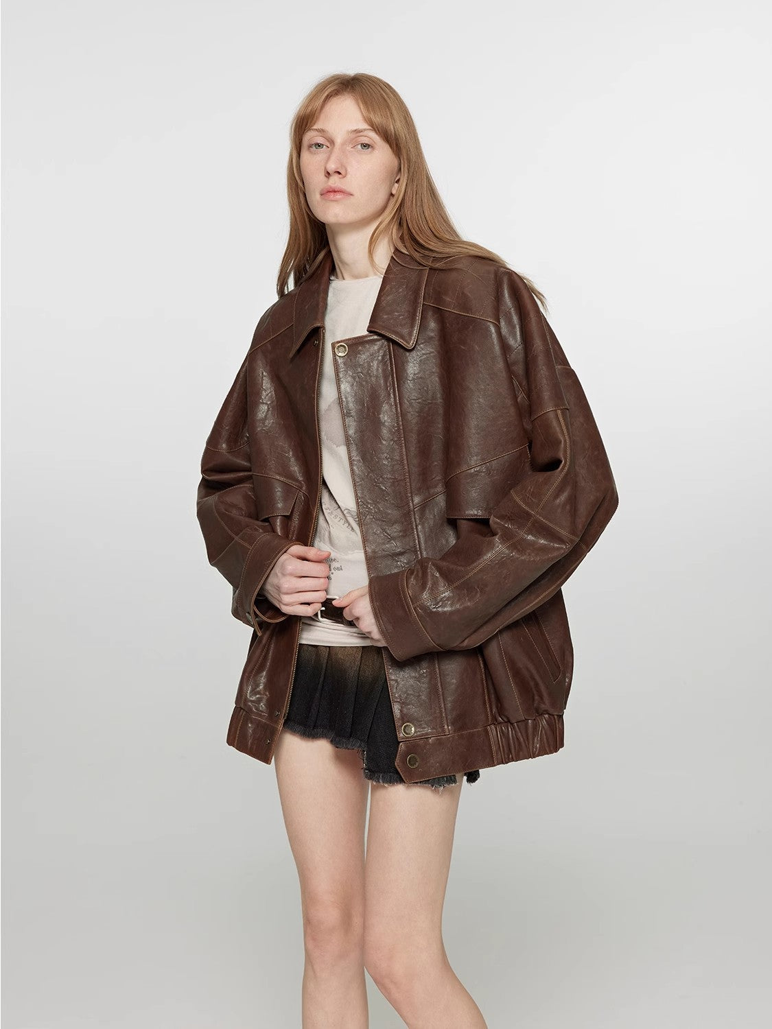 Vintage distressed waxed sheepskin silhouette lapel leather jacket “Rebel”-1