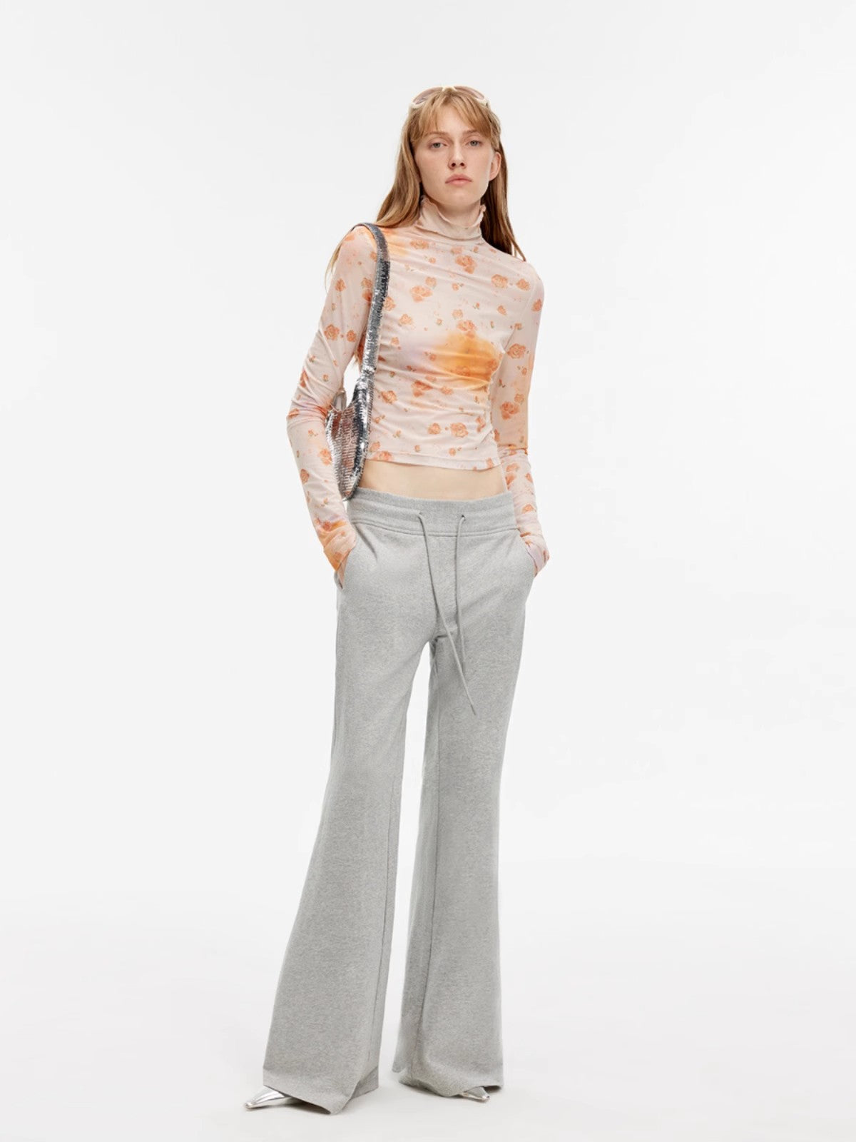"American High Street" air-spun OE cotton fashionable low-rise fit wide waist drawstring flared pants-0