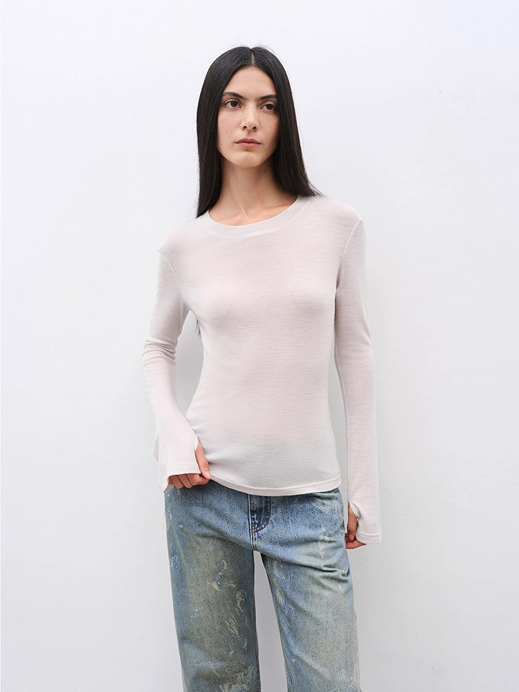 Women's Glove cuffs white sweater loose slightly flared long sleeve O-neck Slim Fit basic T-shirt，"urban simplicity"-0