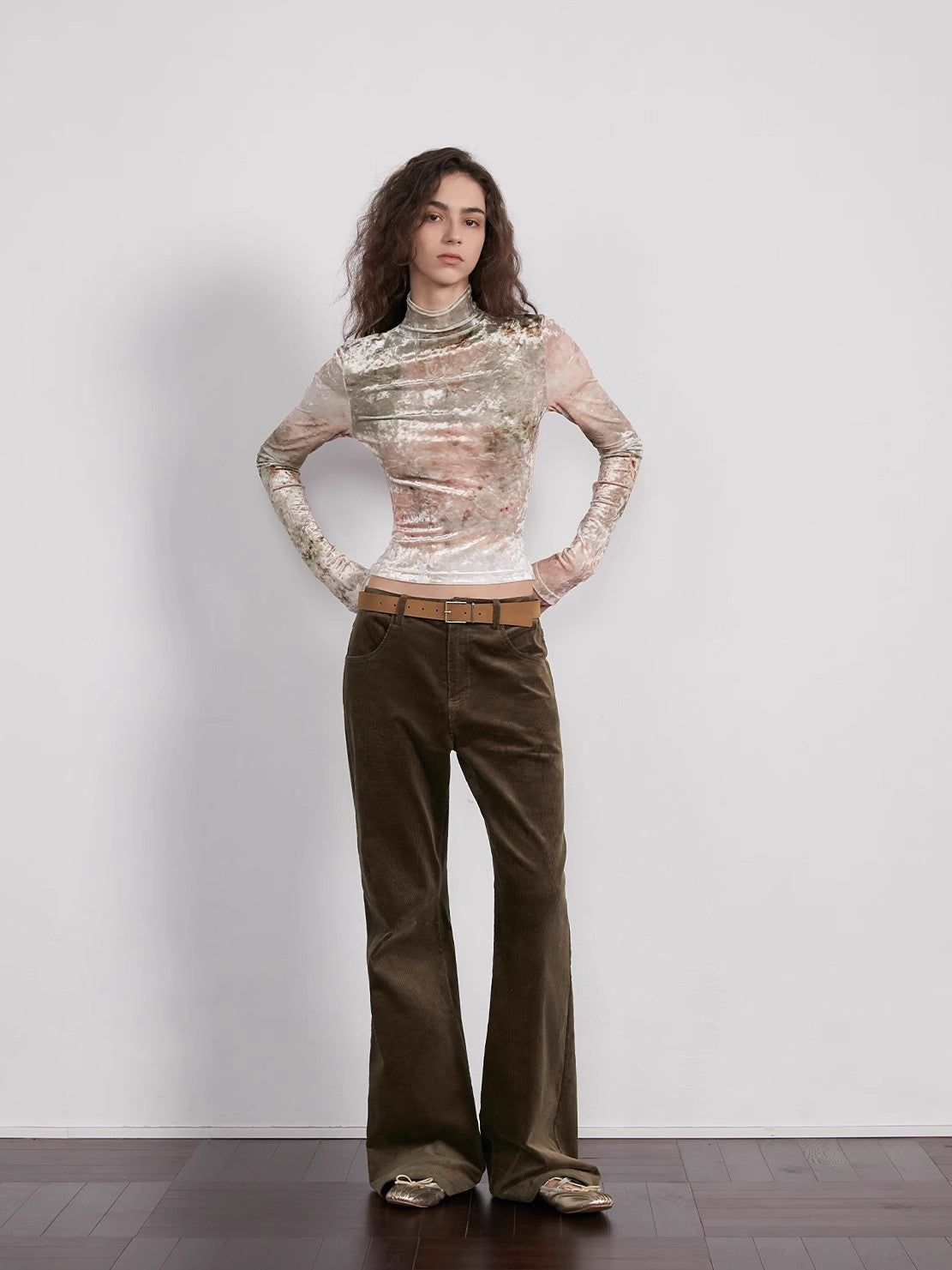 "Warm Sugar Latte" Smudge Print Velvet Long Sleeve Bottoming Shirt Women's Half Turtleneck T-shirt-2