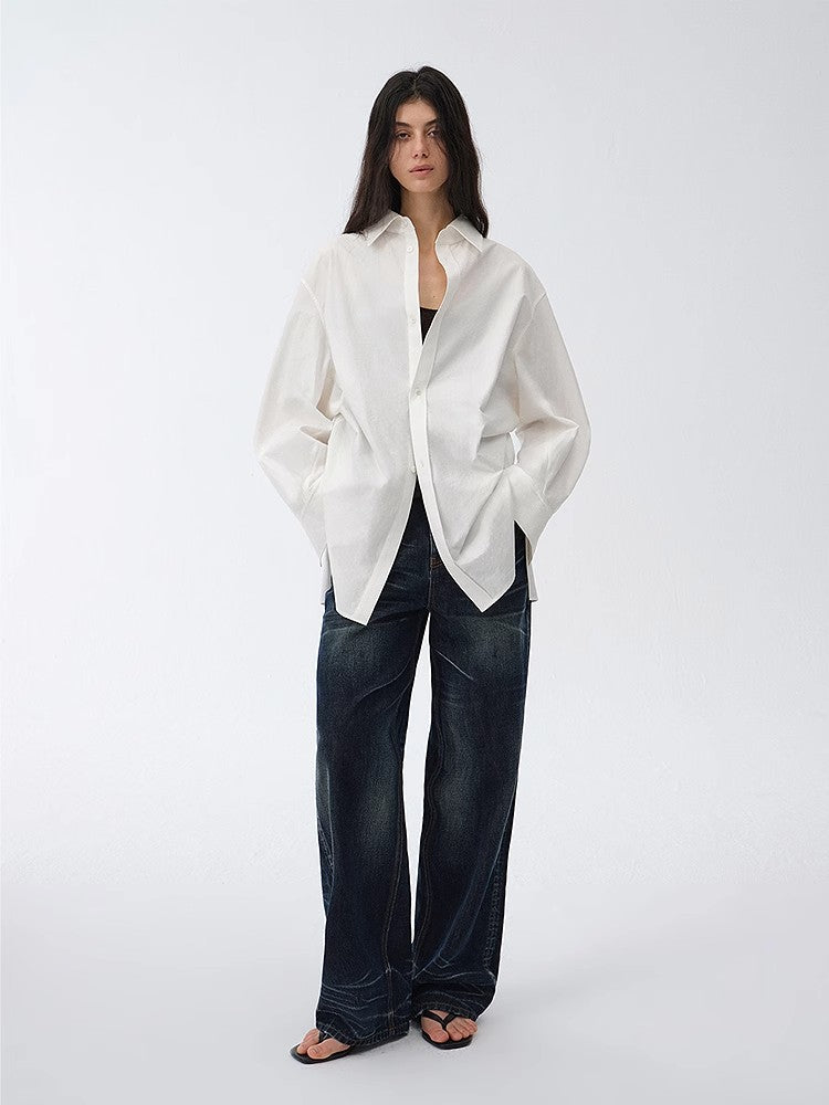 Loose casual standing straight silhouette deconstructed waist shirt “Moonlight Vermilion”-1