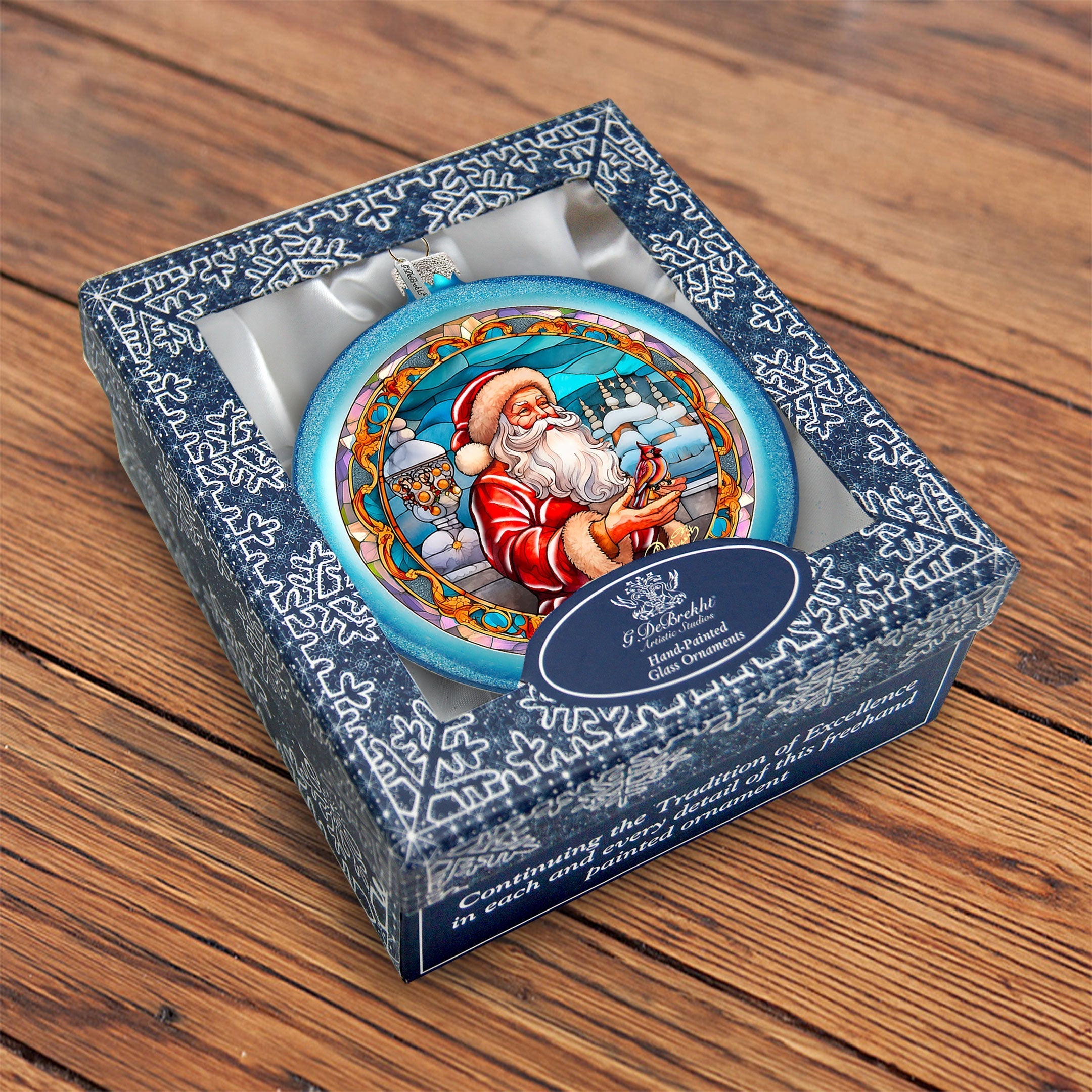 Santa's Red-feathered Friend Glass Ornament by G. DeBrekht - Christmas Santa Snowman Decor - 744-046