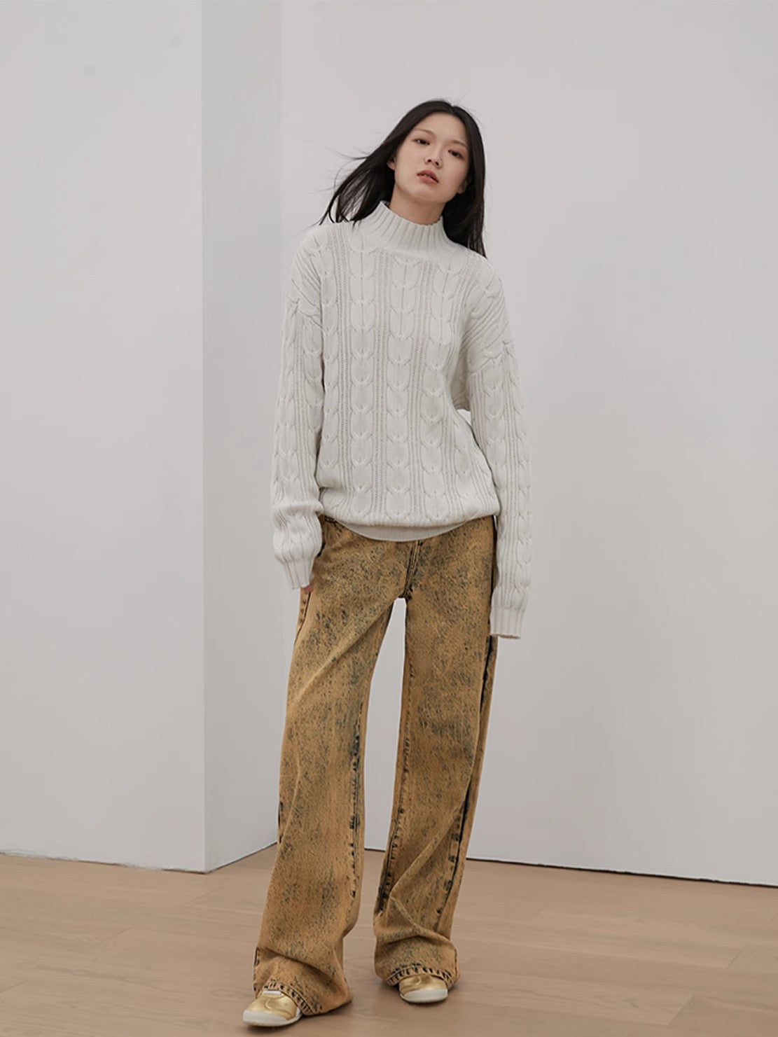Women’s Merino Wool Twisted Oversized Sweaters Turtleneck Long Sleeve Top，“Autumn Moon Star Sea”-1