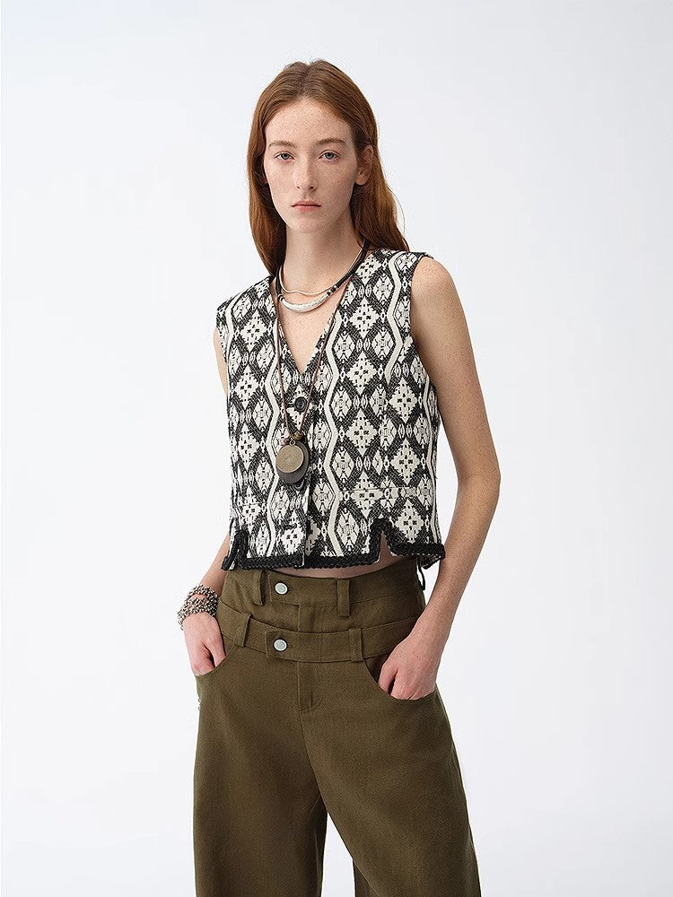 "Venice" Classical simple silhouette Italian imported jacquard ethnic style V-neck vest-0