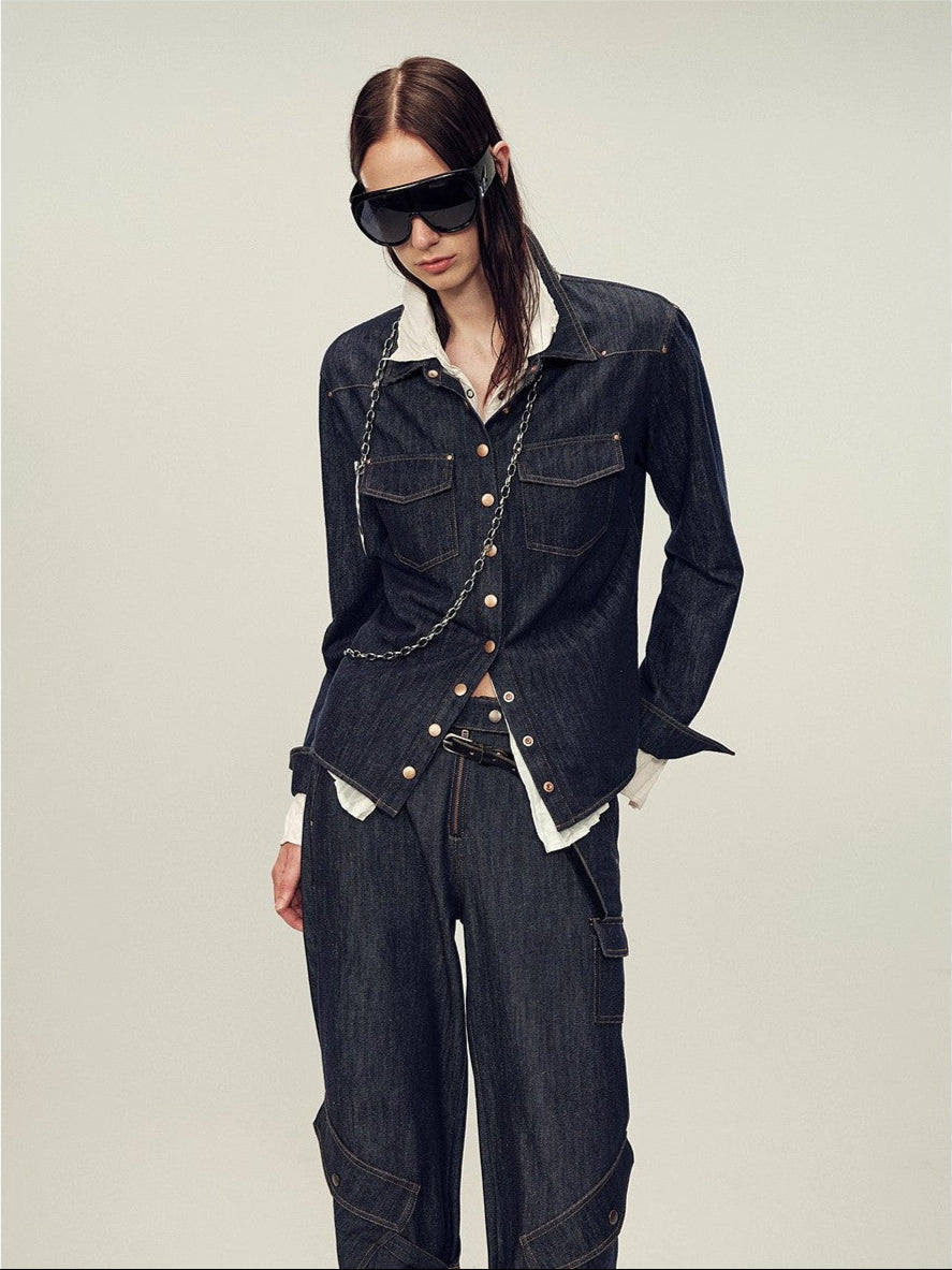 Vintage raw cotton and linen custom red copper rivet lapel pleated waist slim shirt "Daydream Blue"-3
