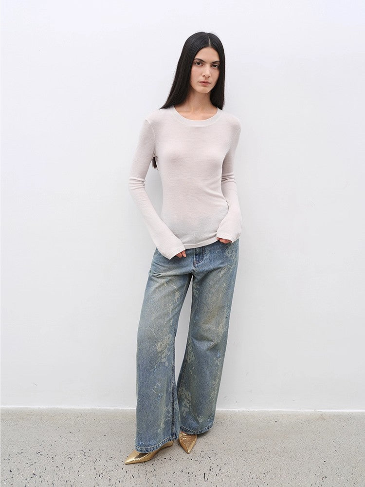 Women's Glove cuffs white sweater loose slightly flared long sleeve O-neck Slim Fit basic T-shirt，"urban simplicity"-1