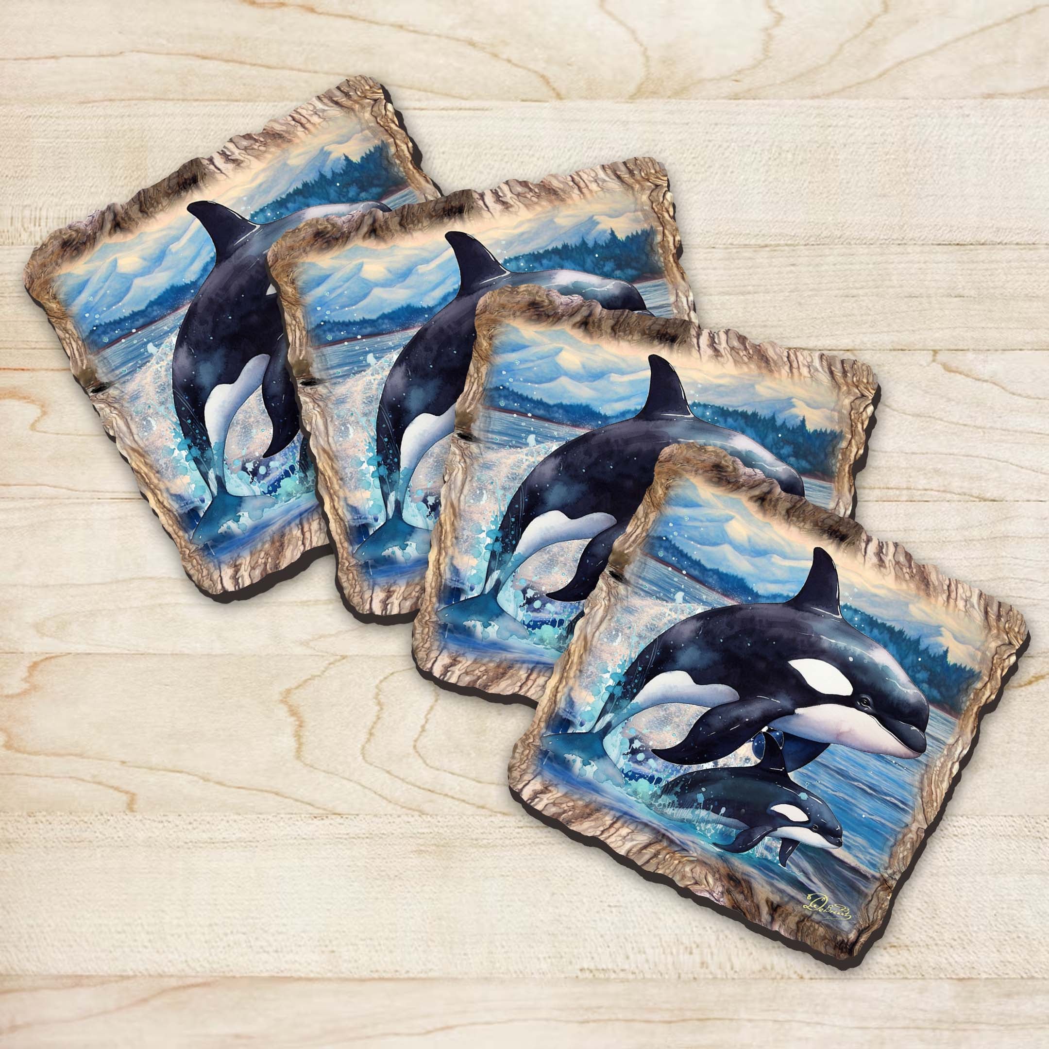 Orca Wooden Cork Coasters Gift Set of 4 by Nature Wonders Coastal Nature Wildlife Decor  - 95396C-S4