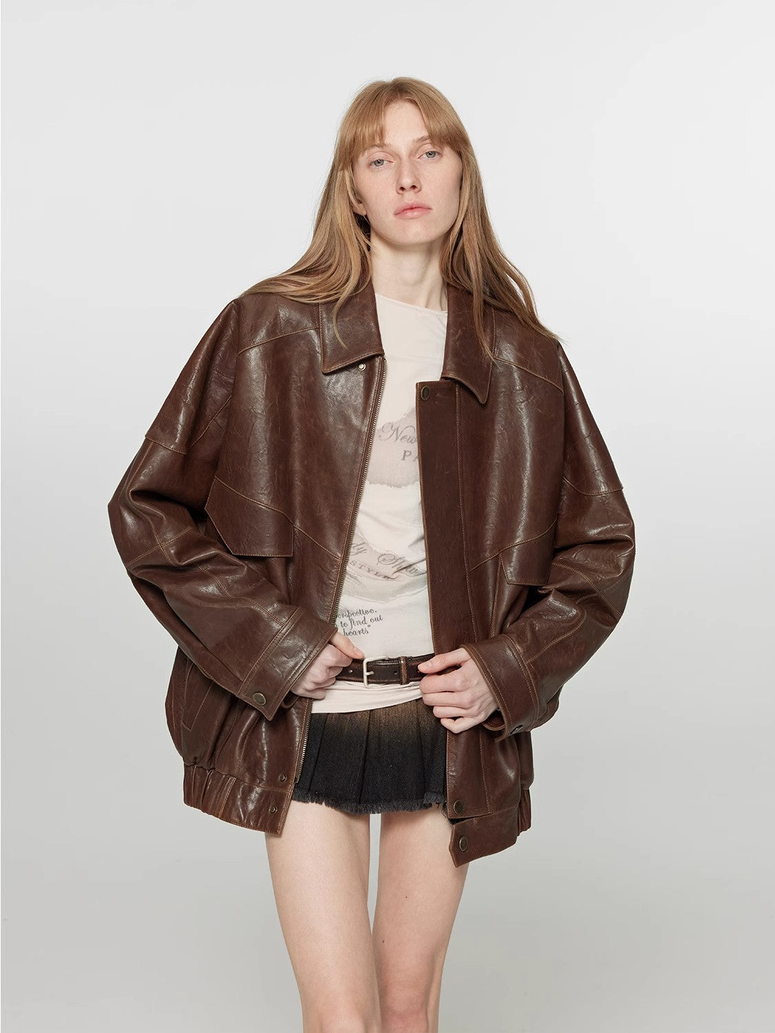 Vintage distressed waxed sheepskin silhouette lapel leather jacket “Rebel”-3