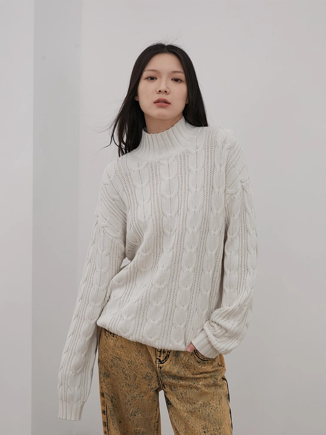 Women’s Merino Wool Twisted Oversized Sweaters Turtleneck Long Sleeve Top，“Autumn Moon Star Sea”-2