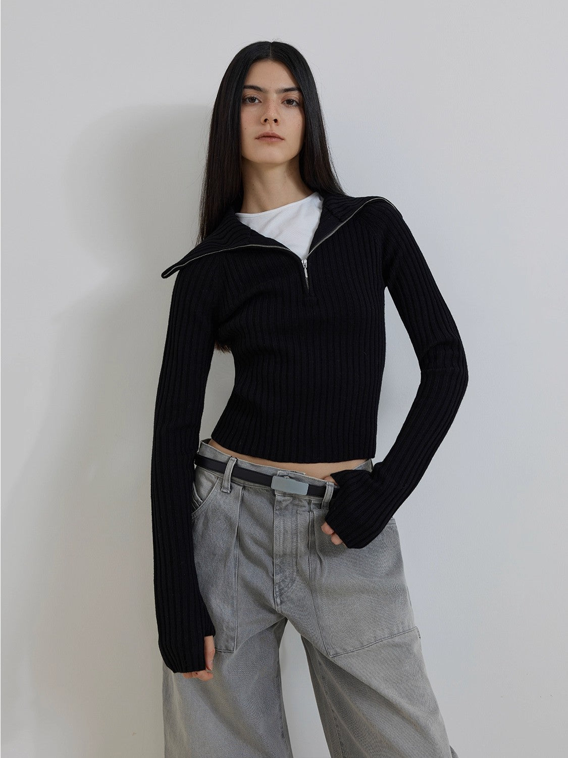 ireladyfur Women's Merino Wool Ribbed Zip-Up Sweater"Fallen Leaf Street"-0