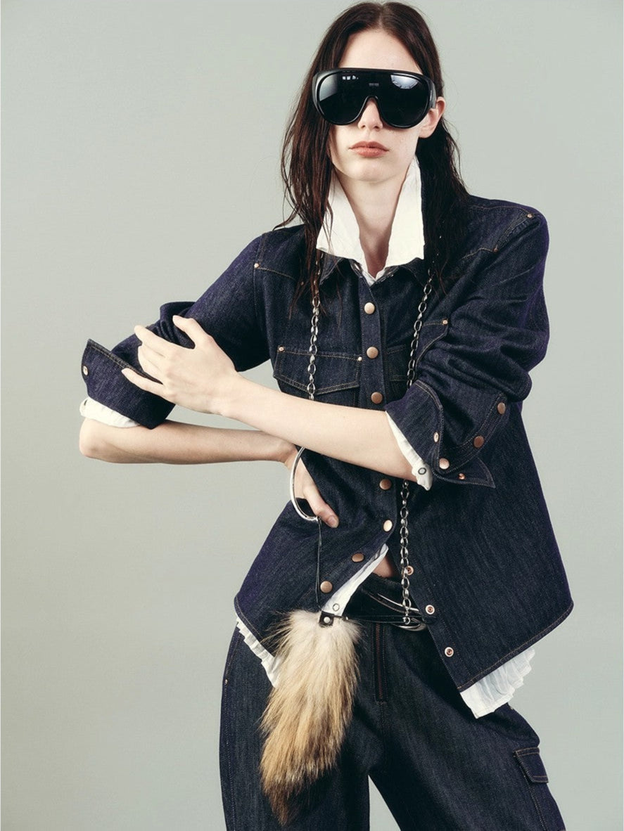 Vintage raw cotton and linen custom red copper rivet lapel pleated waist slim shirt "Daydream Blue"-5