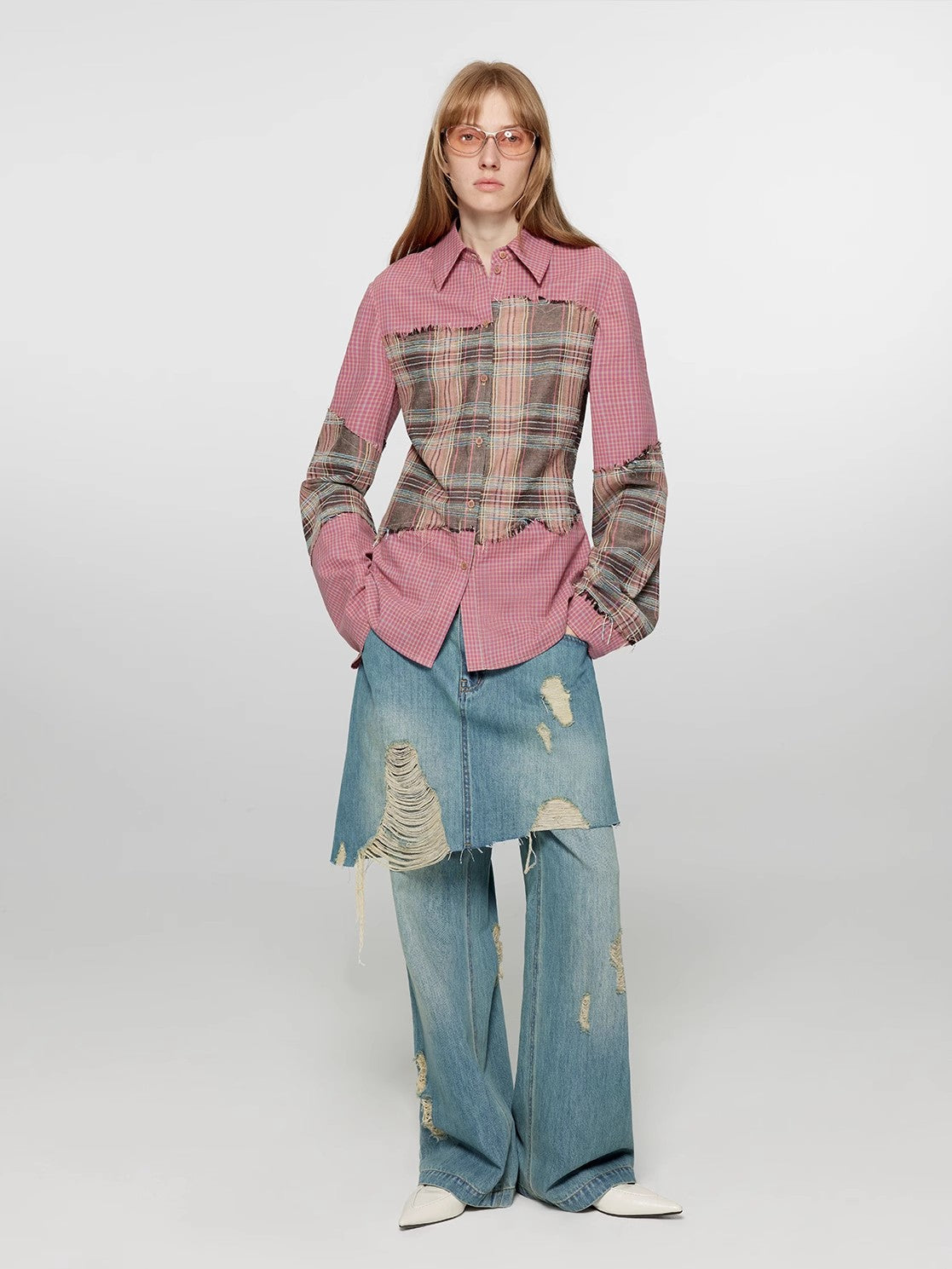 Tencel blended fake two-piece stitching jeans women's ripped raw edge straight wide-leg pants"Fashionable Sniper"-0