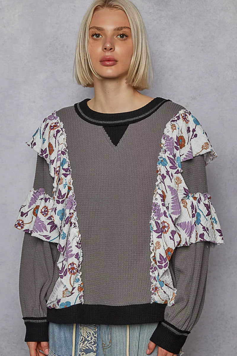 POL Round Neck Sweater with Floral Ruffle Detail
