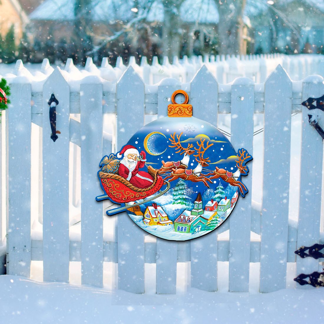 Up-Up and Away Santa Sleigh Ball Door Decor by G. DeBrekht - Christmas Santa Snowman Decor - 8112160H