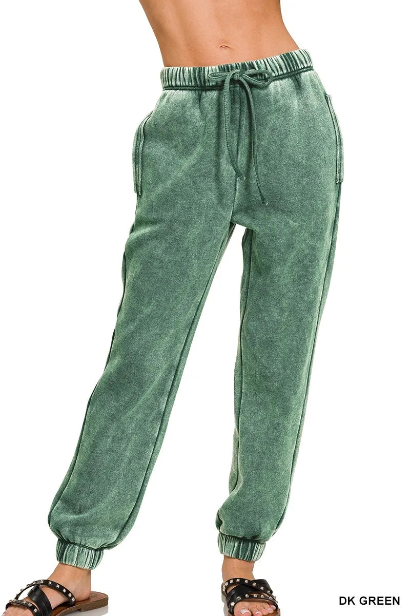 Zenana Acid Wash Fleece Sweatpants with Pockets