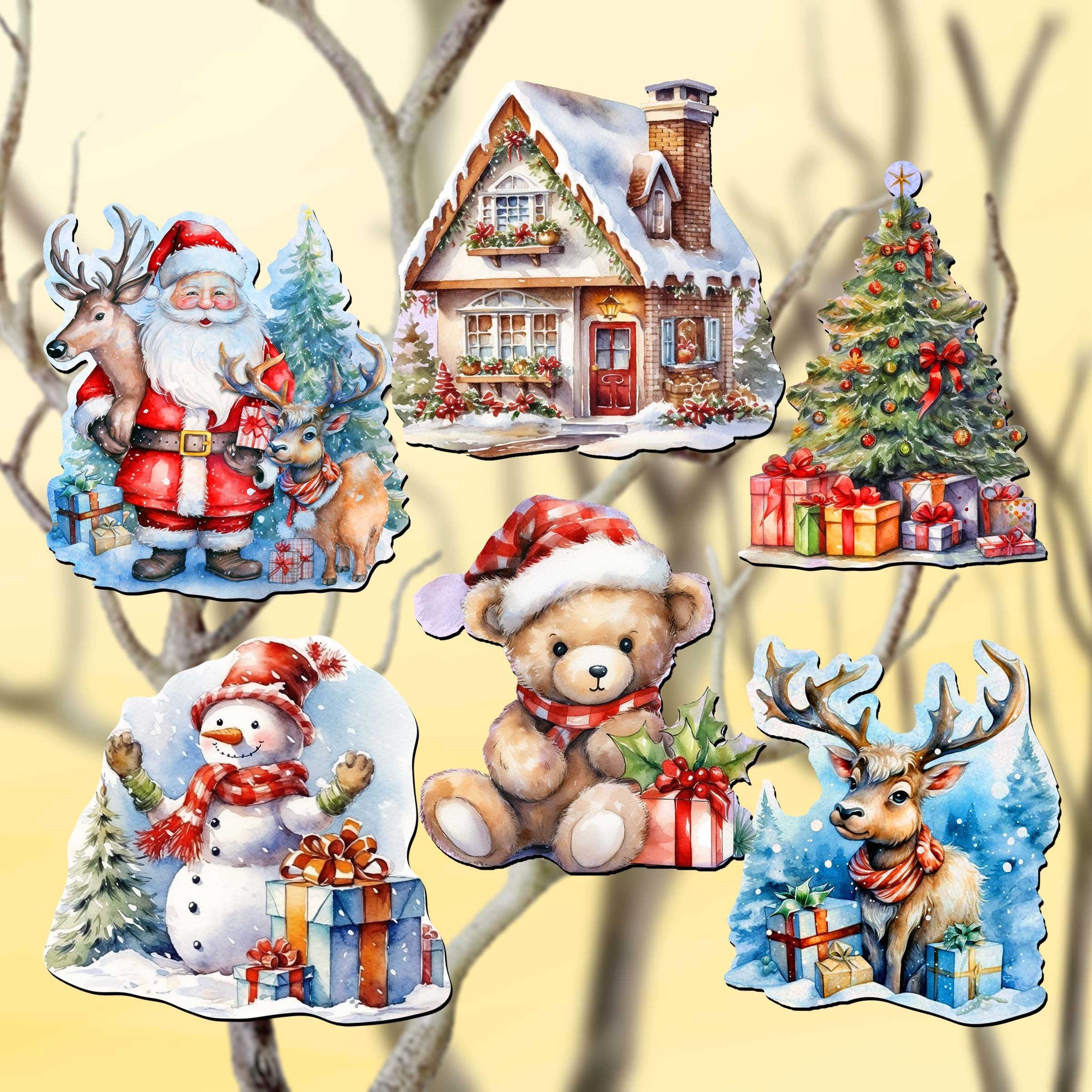 Christmas Is Here Decorative Wooden Clip-on Ornaments Set of 6 by G. Debrekht - Christmas Decor - 8090028C-S6