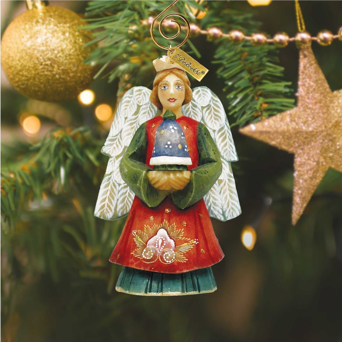 Angel with Bell Sculpted Hand-Painted Christmas Figurine by G. DeBrekht - Christmas Santa Snowman Decor - 657101