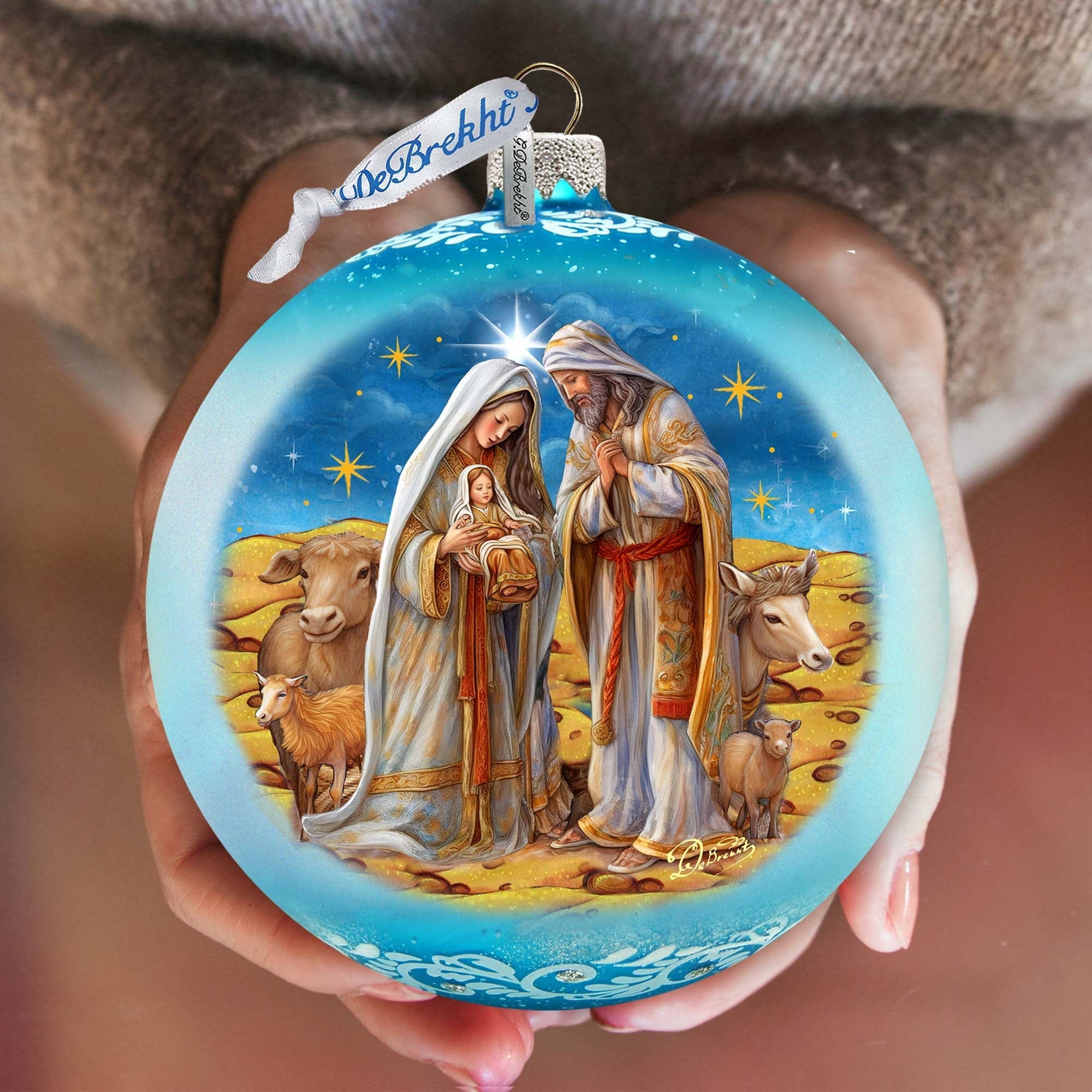 Betelhems Miracle in Blue Lg Glass Ornament by G.Debrekht - Nativity Holiday Decor - 73939B