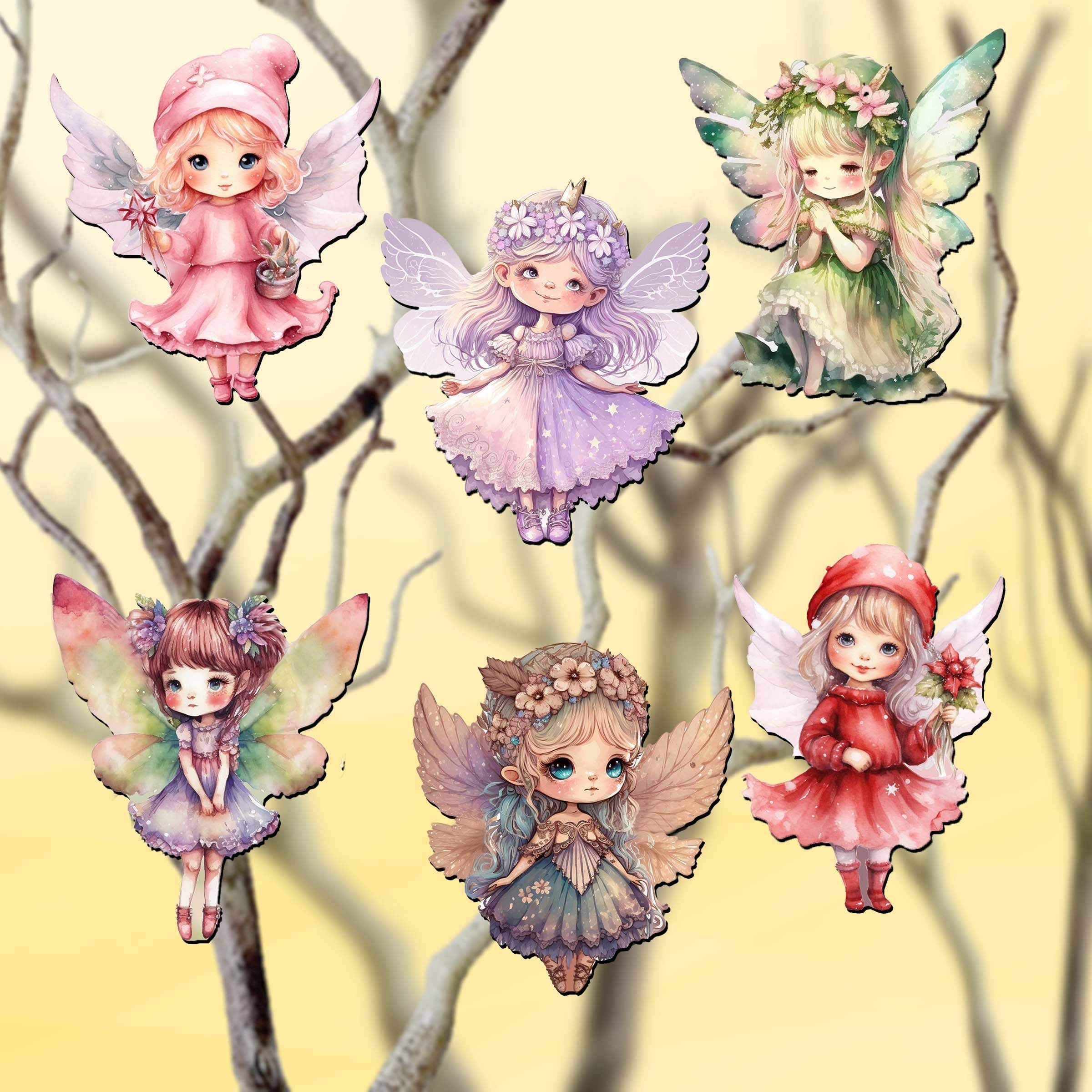 Colorful Fairies Decorative Wooden Clip-on Ornaments of 6 by G. Debrekht - Christmas Decor - 8090006C-S6