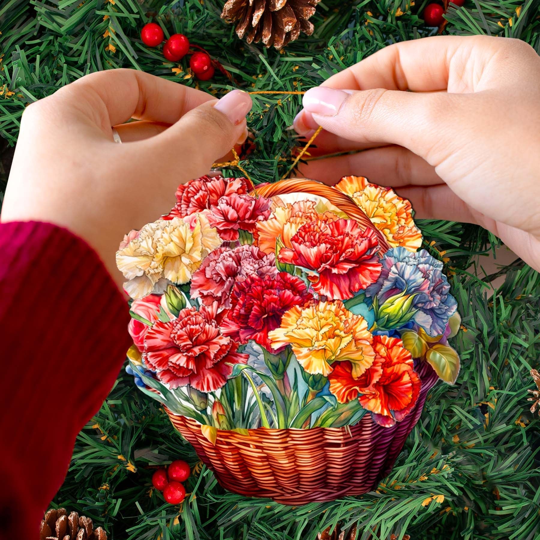 Carnation Basket Wooden Ornaments by G. Debrekht - Love Family Decor - 8688315