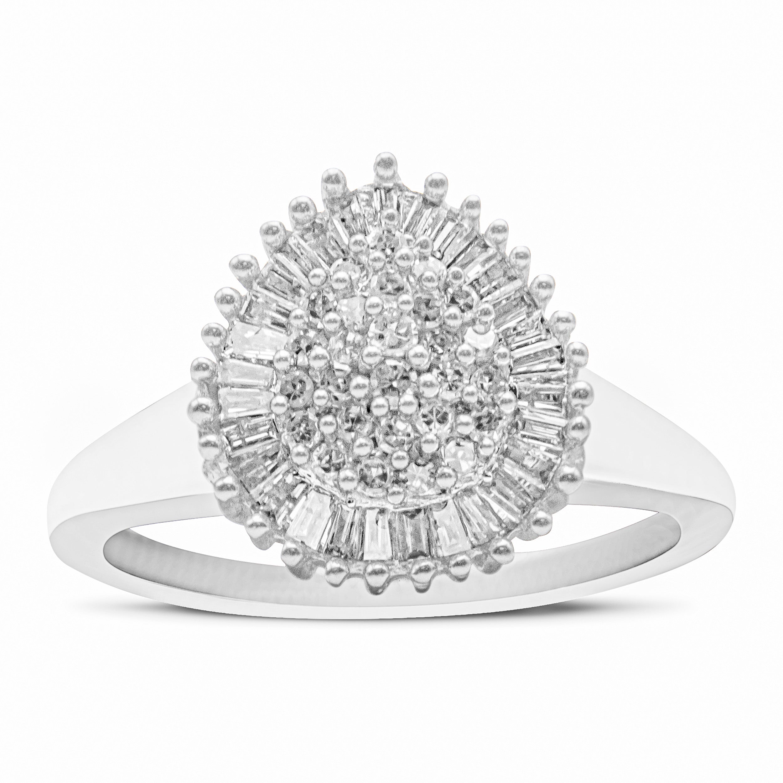 10K White Gold 1/2 Cttw Round & Baguette Cut Diamond Pear Shaped Domed Pavé Cluster With Halo Cocktail Ring (H-I Color, Si1-Si2 Clarity) - Size 9