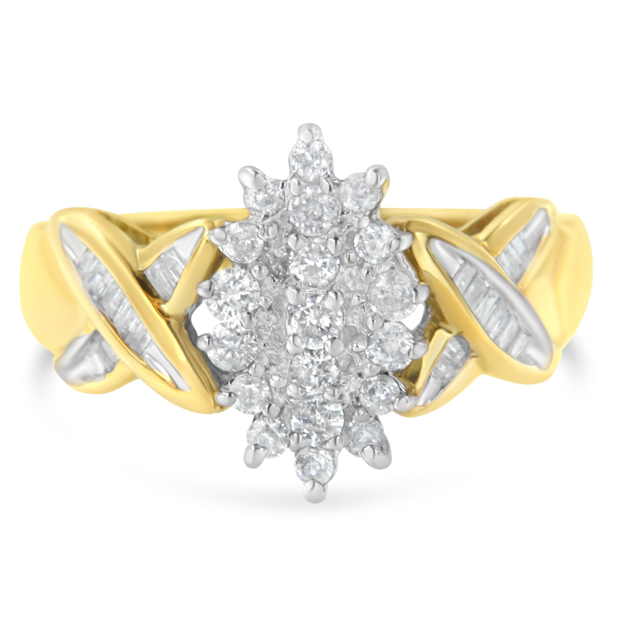 10K Two-Toned Gold Round Baguette Diamond Cluster Ring (1/2 Cttw, I-J Color, I2-I3 Clarity) - Size 6-1/2