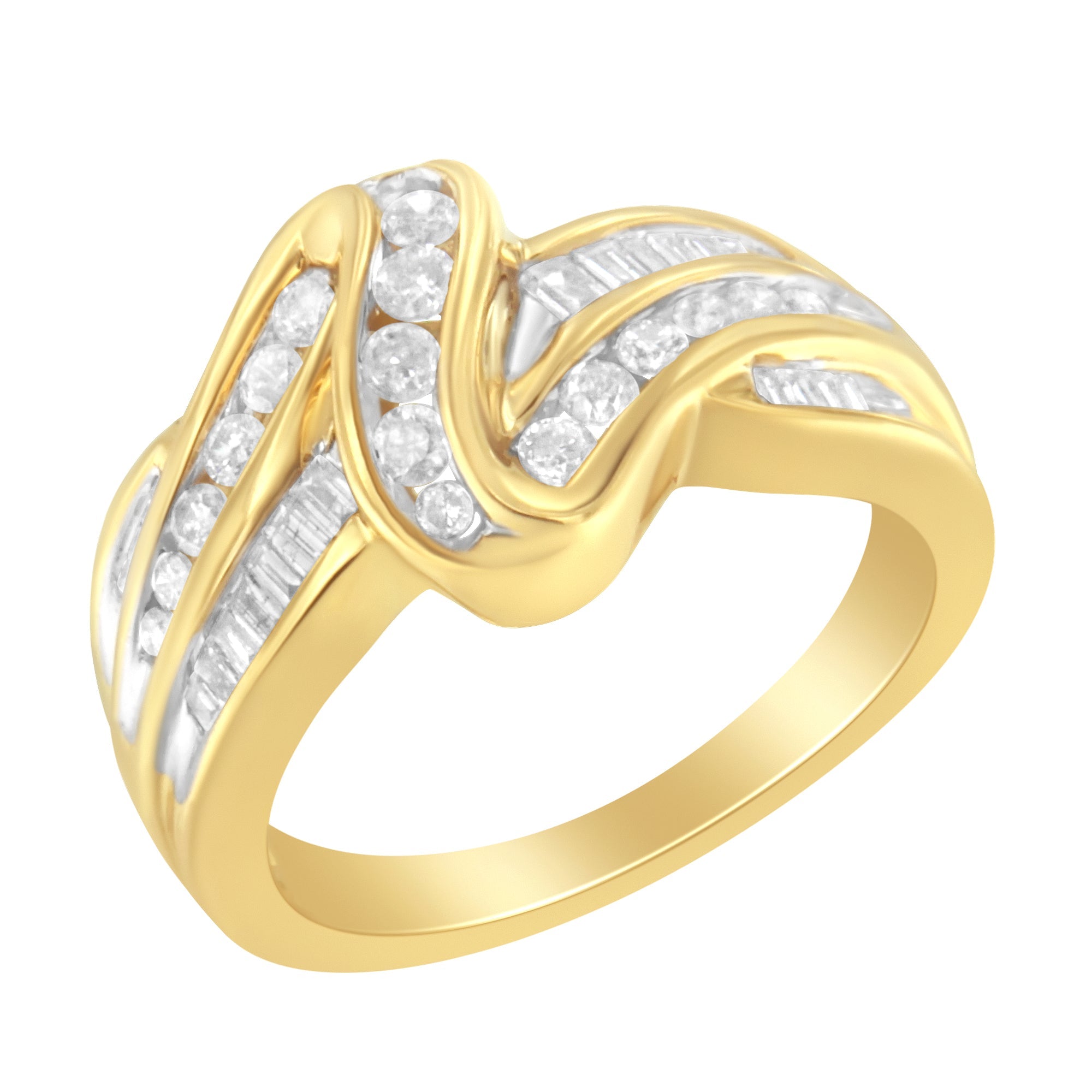 10K Yellow Gold 3/4 Cttw Channel Set Round And Baguette-Cut Diamond Double Shank Bypass Ring (J-K Color, I1-I2 Clarity) - Size 7