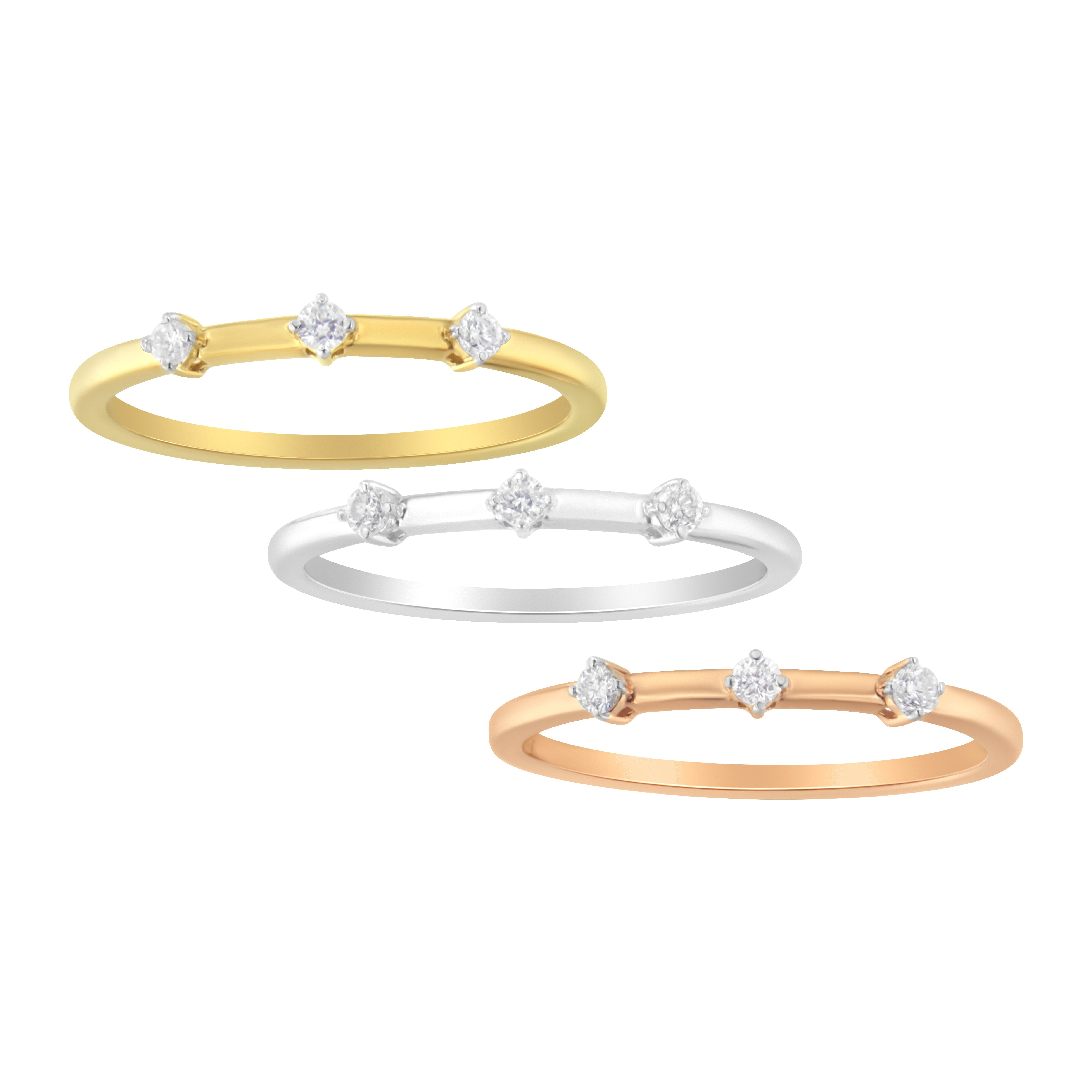 14Kt Gold Plated Tri Tone .925 Sterling Silver 1/3 Cttw Prong-Set Round-Cut Diamond Three Piece Stackable Band Ring Set (I-J Color, I1-I2 Clarity) - Size 9
