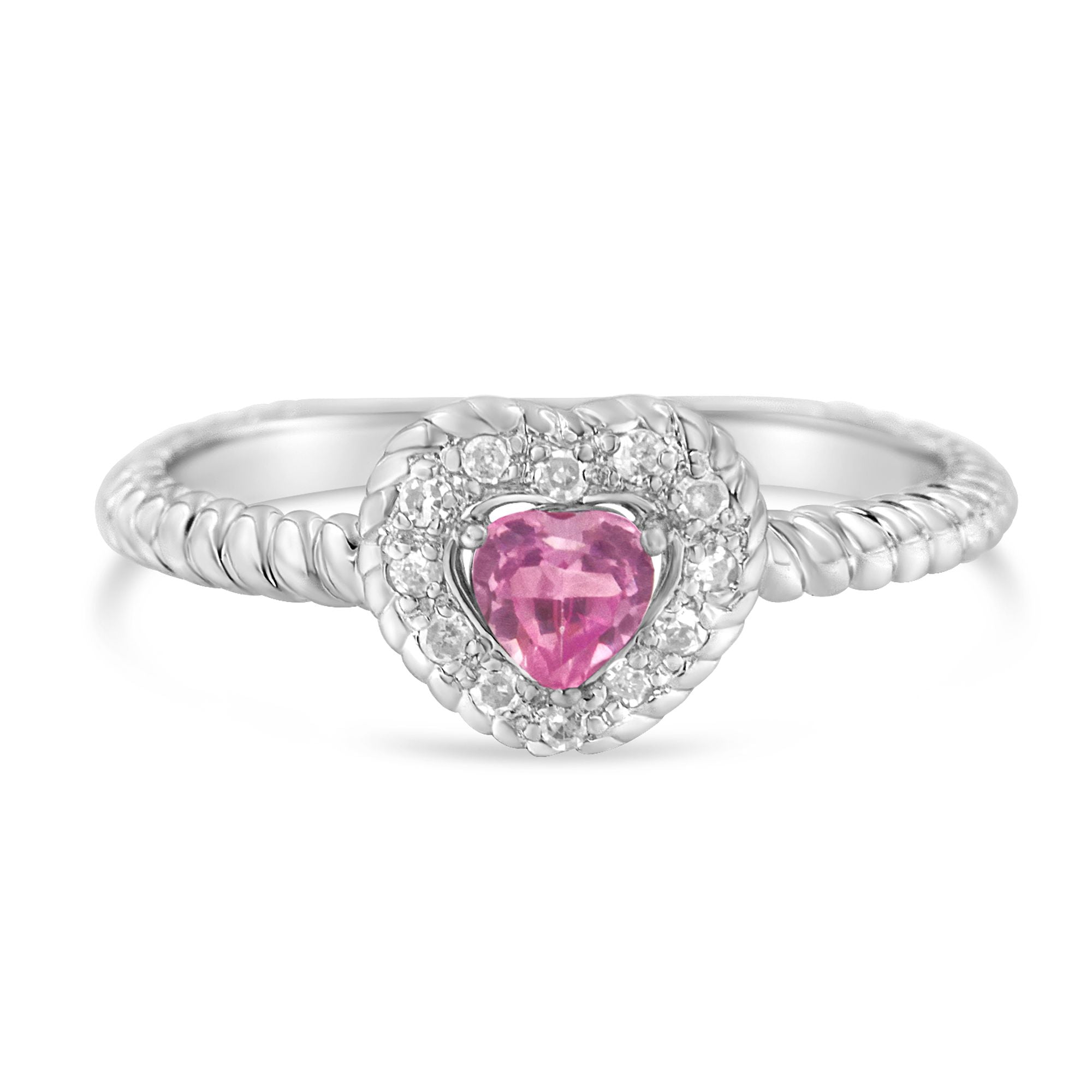 .925 Sterling Silver 4Mm Pink Sapphire Heart And Diamond Accent Heart Ring (I-J Color, I2-I3 Clarity) - Size 6