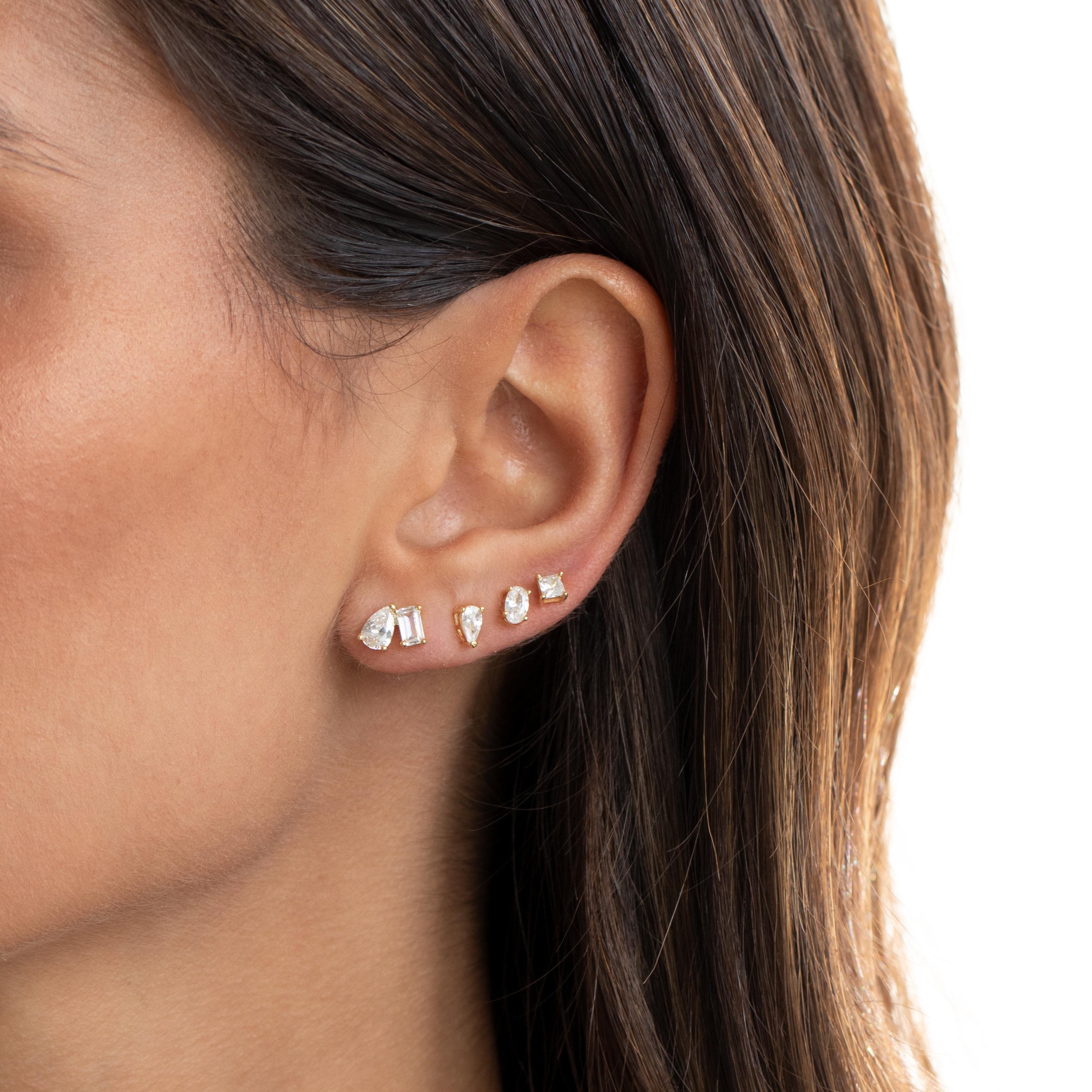 CZ Teardrop X Baguette Stud Earring