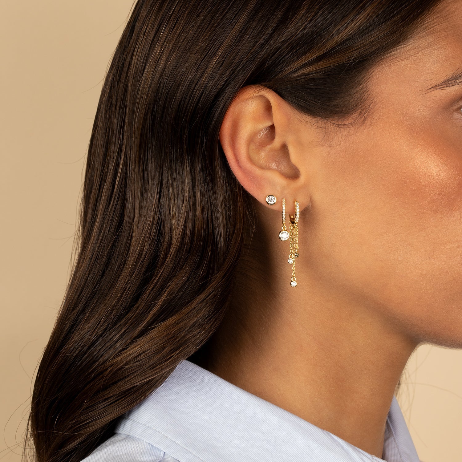  Triple CZ Drop Chain Huggie Earring - Adina's Jewels