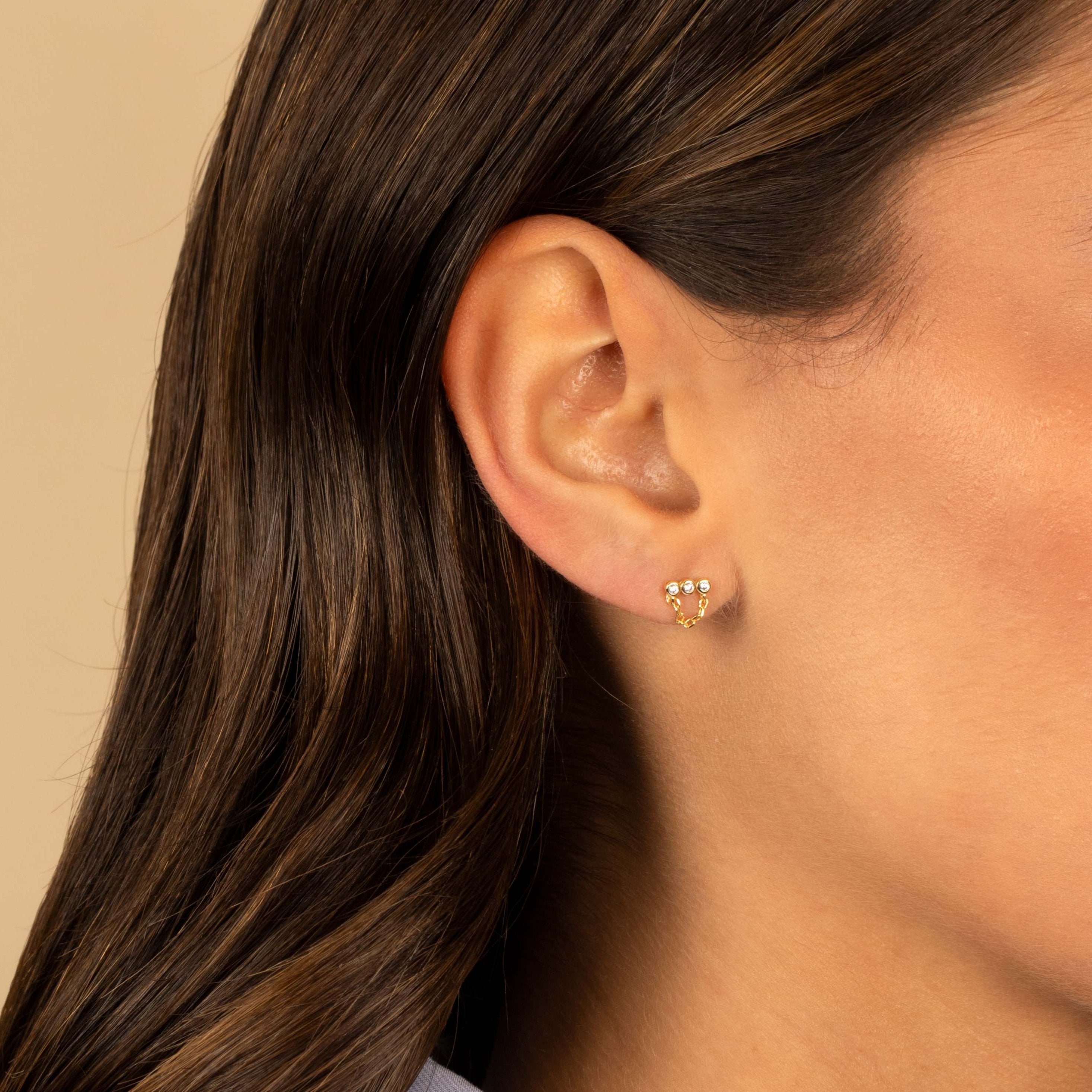  Mini Triple CZ Bezel Bar Drop Chain Stud Earring - Adina's Jewels