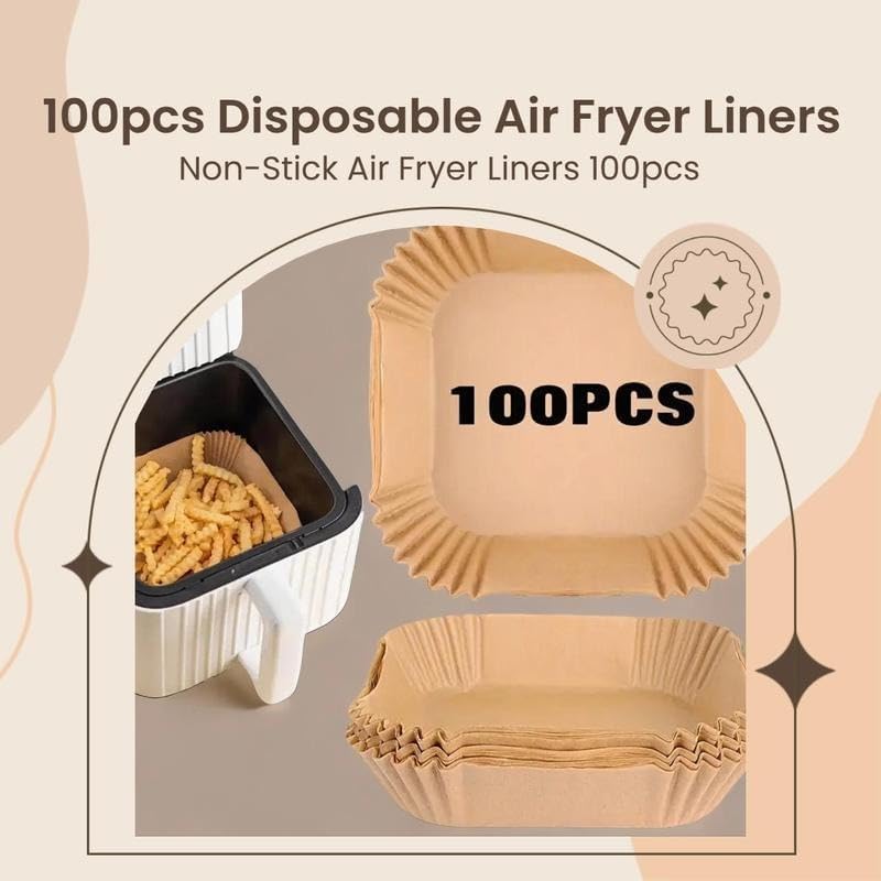 100pcs Disposable Air Fryer Liners, Non - stick Oil - proof Waterproof Parchment Paper, Multi - purpose for Baking & Air Fryer（Super good qualiey）