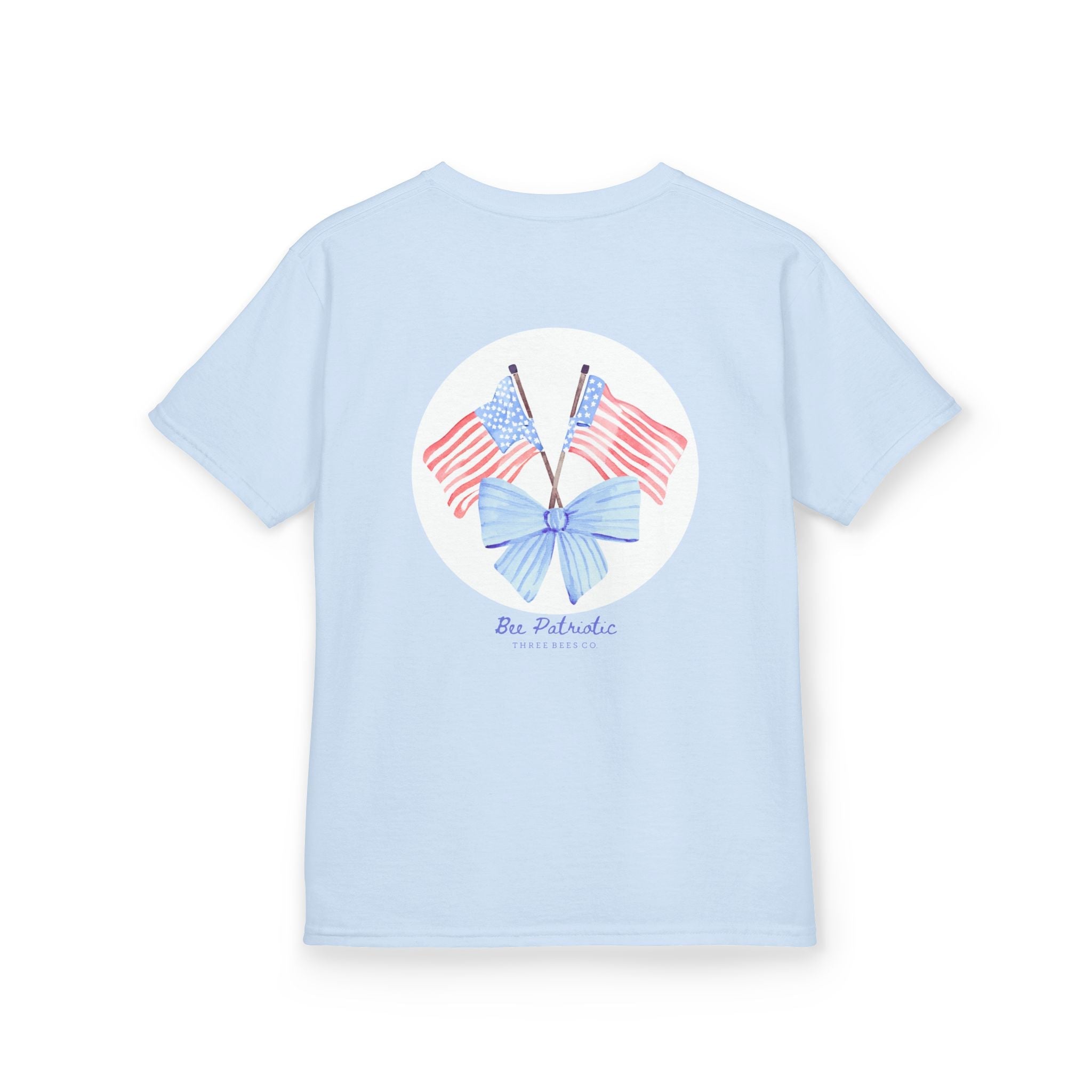 Bee Patriotic American Flag with Bow Girls Short Sleeve Youth Heavy Cotton Gildan Hive Tee