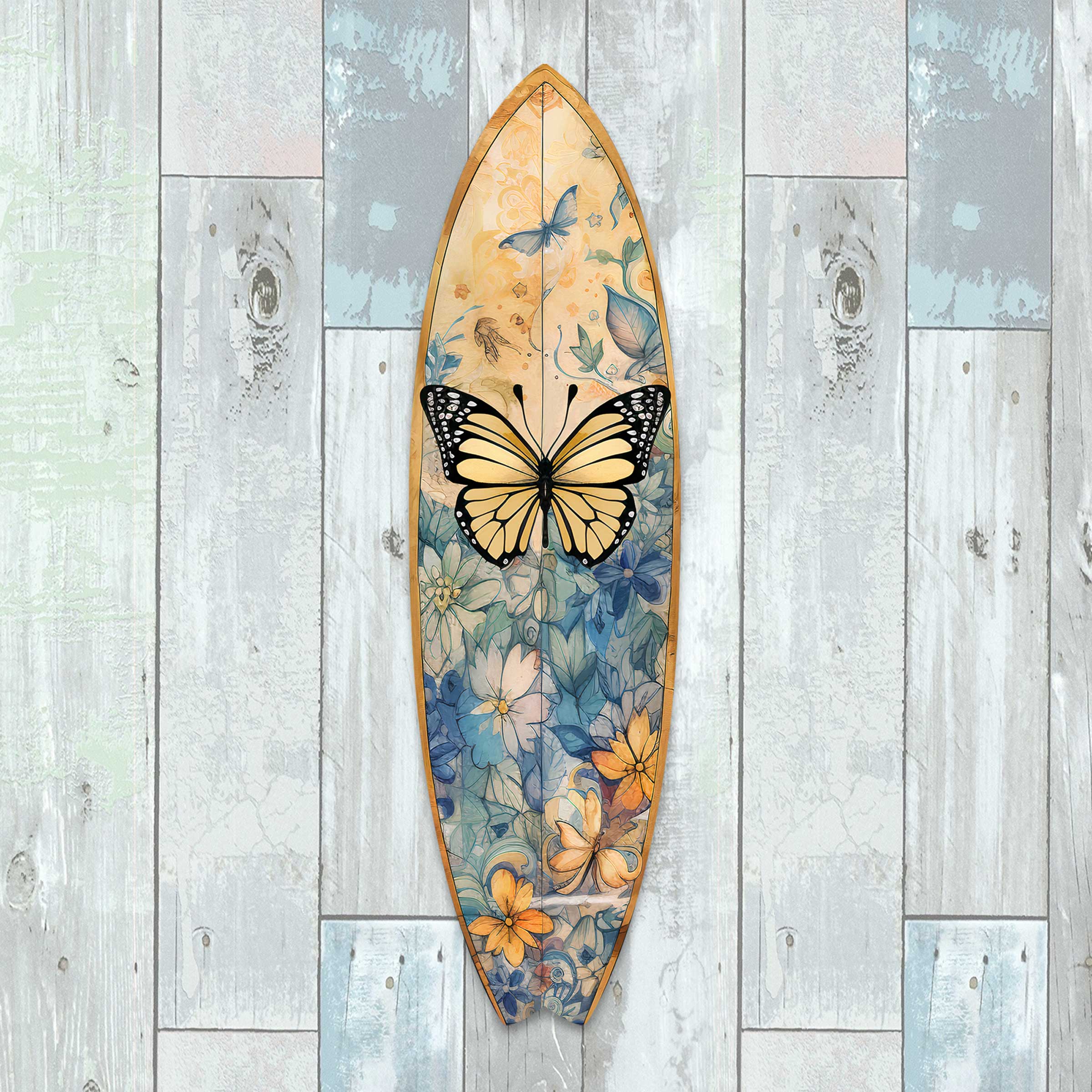 Yellow Monarch Butterfly Surfboard Coastal Wall Art by G. DeBrekht - Coastal Holiday Decor - 8490109HS